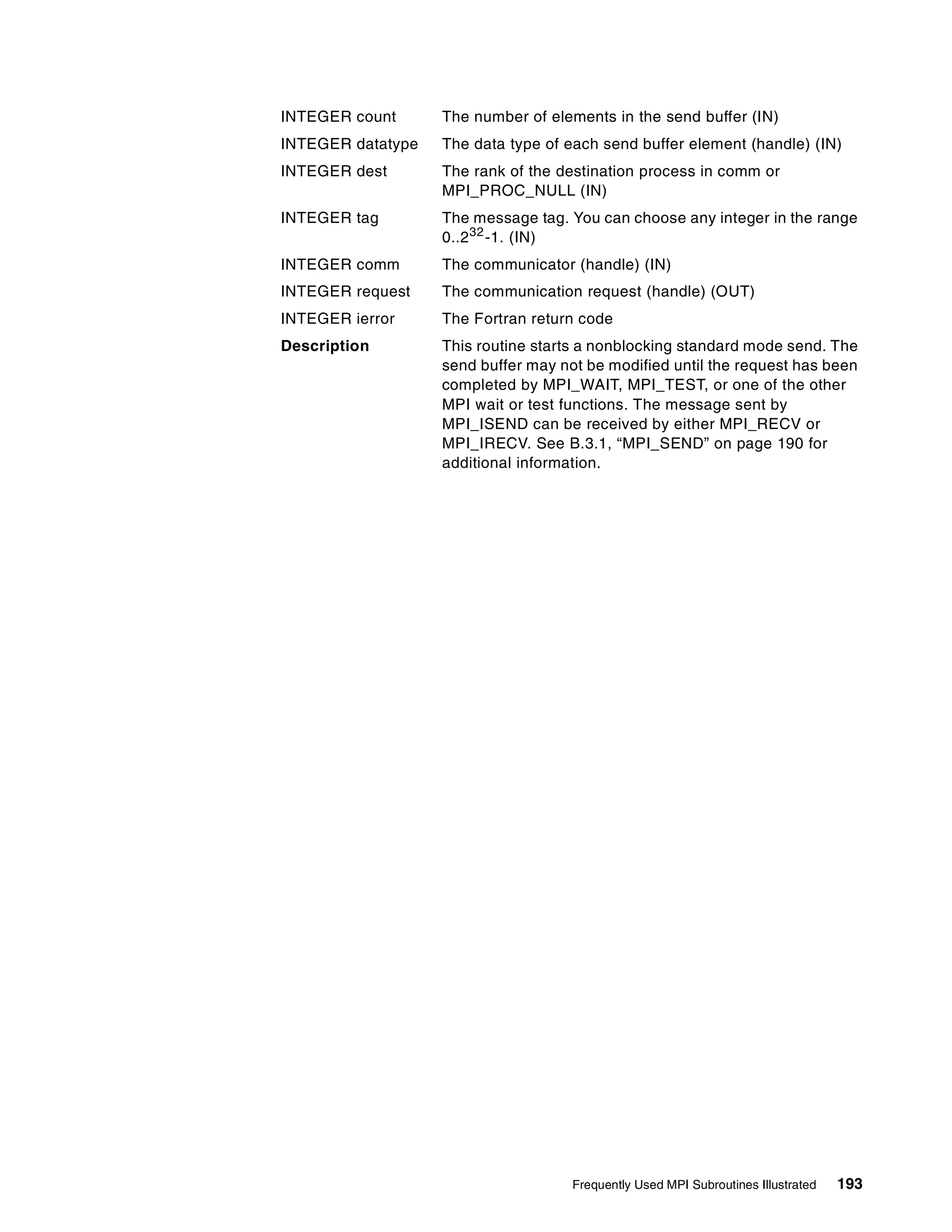 Frequently Used MPI Subroutines Illustrated 193
INTEGER count The number of elements in the send buffer (IN)
INTEGER datatype The data type of each send buffer element (handle) (IN)
INTEGER dest The rank of the destination process in comm or
MPI_PROC_NULL (IN)
INTEGER tag The message tag. You can choose any integer in the range
0..232
-1. (IN)
INTEGER comm The communicator (handle) (IN)
INTEGER request The communication request (handle) (OUT)
INTEGER ierror The Fortran return code
Description This routine starts a nonblocking standard mode send. The
send buffer may not be modified until the request has been
completed by MPI_WAIT, MPI_TEST, or one of the other
MPI wait or test functions. The message sent by
MPI_ISEND can be received by either MPI_RECV or
MPI_IRECV. See B.3.1, “MPI_SEND” on page 190 for
additional information.
 