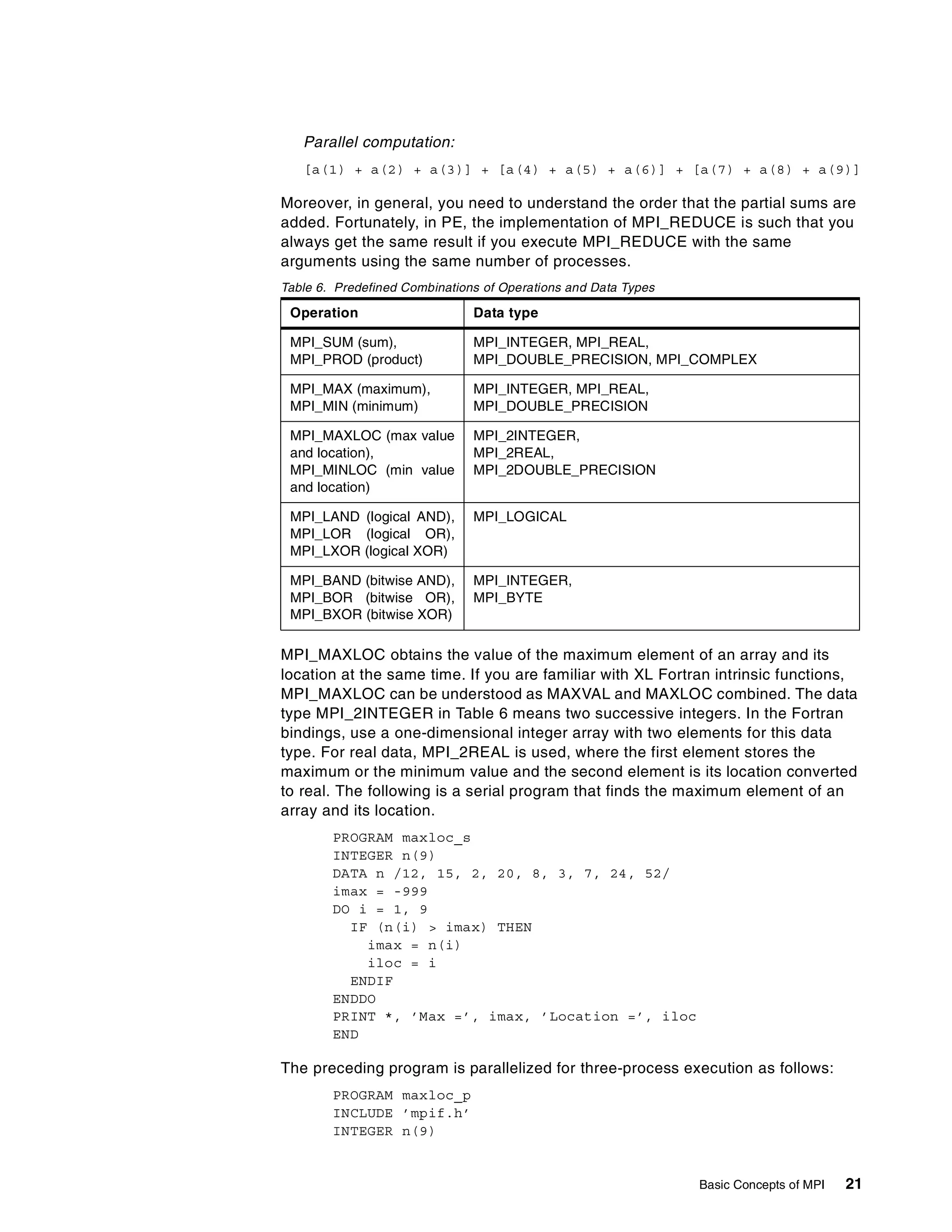 Basic Concepts of MPI 21
Parallel computation:
[a(1) + a(2) + a(3)] + [a(4) + a(5) + a(6)] + [a(7) + a(8) + a(9)]
Moreover, in general, you need to understand the order that the partial sums are
added. Fortunately, in PE, the implementation of MPI_REDUCE is such that you
always get the same result if you execute MPI_REDUCE with the same
arguments using the same number of processes.
Table 6. Predefined Combinations of Operations and Data Types
MPI_MAXLOC obtains the value of the maximum element of an array and its
location at the same time. If you are familiar with XL Fortran intrinsic functions,
MPI_MAXLOC can be understood as MAXVAL and MAXLOC combined. The data
type MPI_2INTEGER in Table 6 means two successive integers. In the Fortran
bindings, use a one-dimensional integer array with two elements for this data
type. For real data, MPI_2REAL is used, where the first element stores the
maximum or the minimum value and the second element is its location converted
to real. The following is a serial program that finds the maximum element of an
array and its location.
PROGRAM maxloc_s
INTEGER n(9)
DATA n /12, 15, 2, 20, 8, 3, 7, 24, 52/
imax = -999
DO i = 1, 9
IF (n(i) > imax) THEN
imax = n(i)
iloc = i
ENDIF
ENDDO
PRINT *, ’Max =’, imax, ’Location =’, iloc
END
The preceding program is parallelized for three-process execution as follows:
PROGRAM maxloc_p
INCLUDE ’mpif.h’
INTEGER n(9)
Operation Data type
MPI_SUM (sum),
MPI_PROD (product)
MPI_INTEGER, MPI_REAL,
MPI_DOUBLE_PRECISION, MPI_COMPLEX
MPI_MAX (maximum),
MPI_MIN (minimum)
MPI_INTEGER, MPI_REAL,
MPI_DOUBLE_PRECISION
MPI_MAXLOC (max value
and location),
MPI_MINLOC (min value
and location)
MPI_2INTEGER,
MPI_2REAL,
MPI_2DOUBLE_PRECISION
MPI_LAND (logical AND),
MPI_LOR (logical OR),
MPI_LXOR (logical XOR)
MPI_LOGICAL
MPI_BAND (bitwise AND),
MPI_BOR (bitwise OR),
MPI_BXOR (bitwise XOR)
MPI_INTEGER,
MPI_BYTE
 