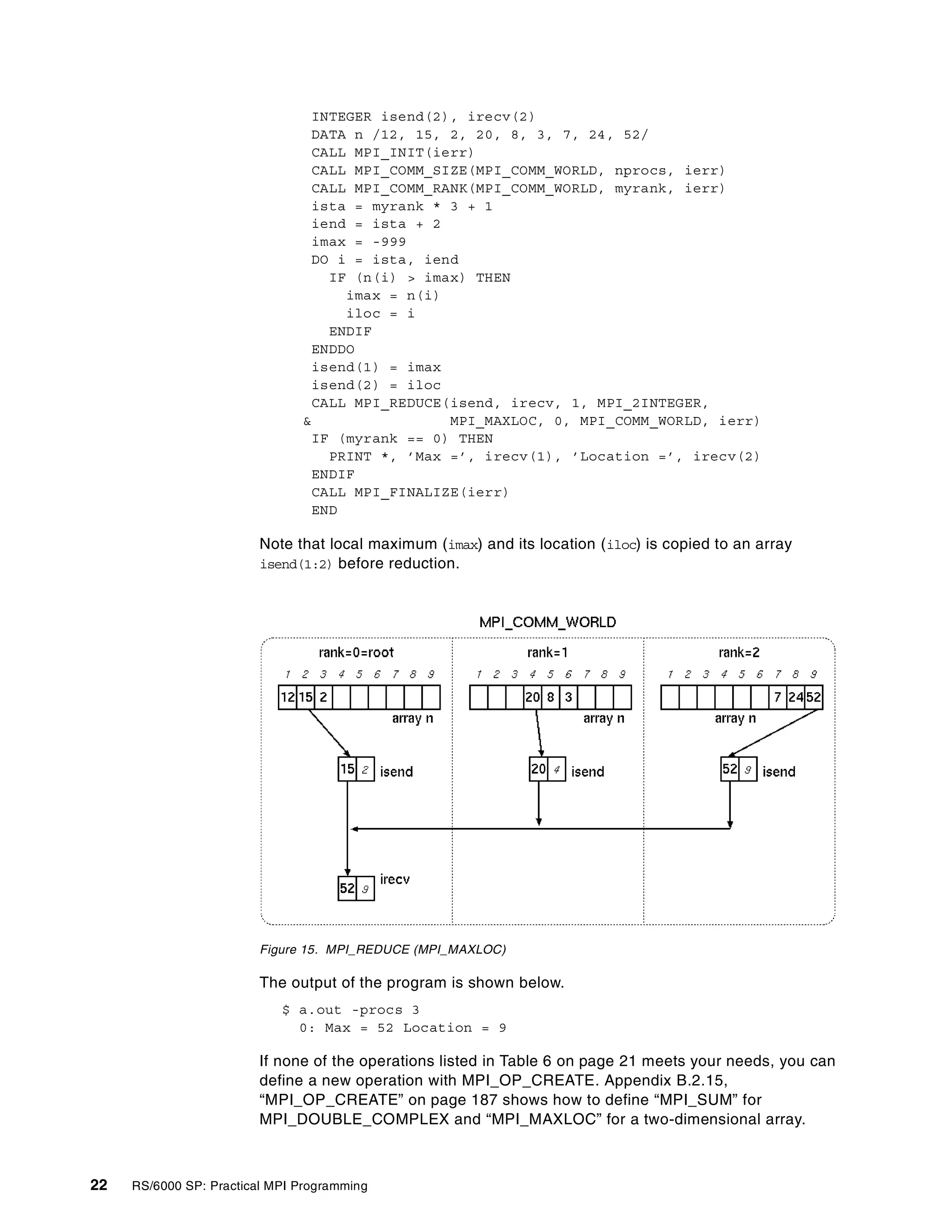 22 RS/6000 SP: Practical MPI Programming
INTEGER isend(2), irecv(2)
DATA n /12, 15, 2, 20, 8, 3, 7, 24, 52/
CALL MPI_INIT(ierr)
CALL MPI_COMM_SIZE(MPI_COMM_WORLD, nprocs, ierr)
CALL MPI_COMM_RANK(MPI_COMM_WORLD, myrank, ierr)
ista = myrank * 3 + 1
iend = ista + 2
imax = -999
DO i = ista, iend
IF (n(i) > imax) THEN
imax = n(i)
iloc = i
ENDIF
ENDDO
isend(1) = imax
isend(2) = iloc
CALL MPI_REDUCE(isend, irecv, 1, MPI_2INTEGER,
& MPI_MAXLOC, 0, MPI_COMM_WORLD, ierr)
IF (myrank == 0) THEN
PRINT *, ’Max =’, irecv(1), ’Location =’, irecv(2)
ENDIF
CALL MPI_FINALIZE(ierr)
END
Note that local maximum (imax) and its location (iloc) is copied to an array
isend(1:2) before reduction.
Figure 15. MPI_REDUCE (MPI_MAXLOC)
The output of the program is shown below.
$ a.out -procs 3
0: Max = 52 Location = 9
If none of the operations listed in Table 6 on page 21 meets your needs, you can
define a new operation with MPI_OP_CREATE. Appendix B.2.15,
“MPI_OP_CREATE” on page 187 shows how to define “MPI_SUM” for
MPI_DOUBLE_COMPLEX and “MPI_MAXLOC” for a two-dimensional array.
 