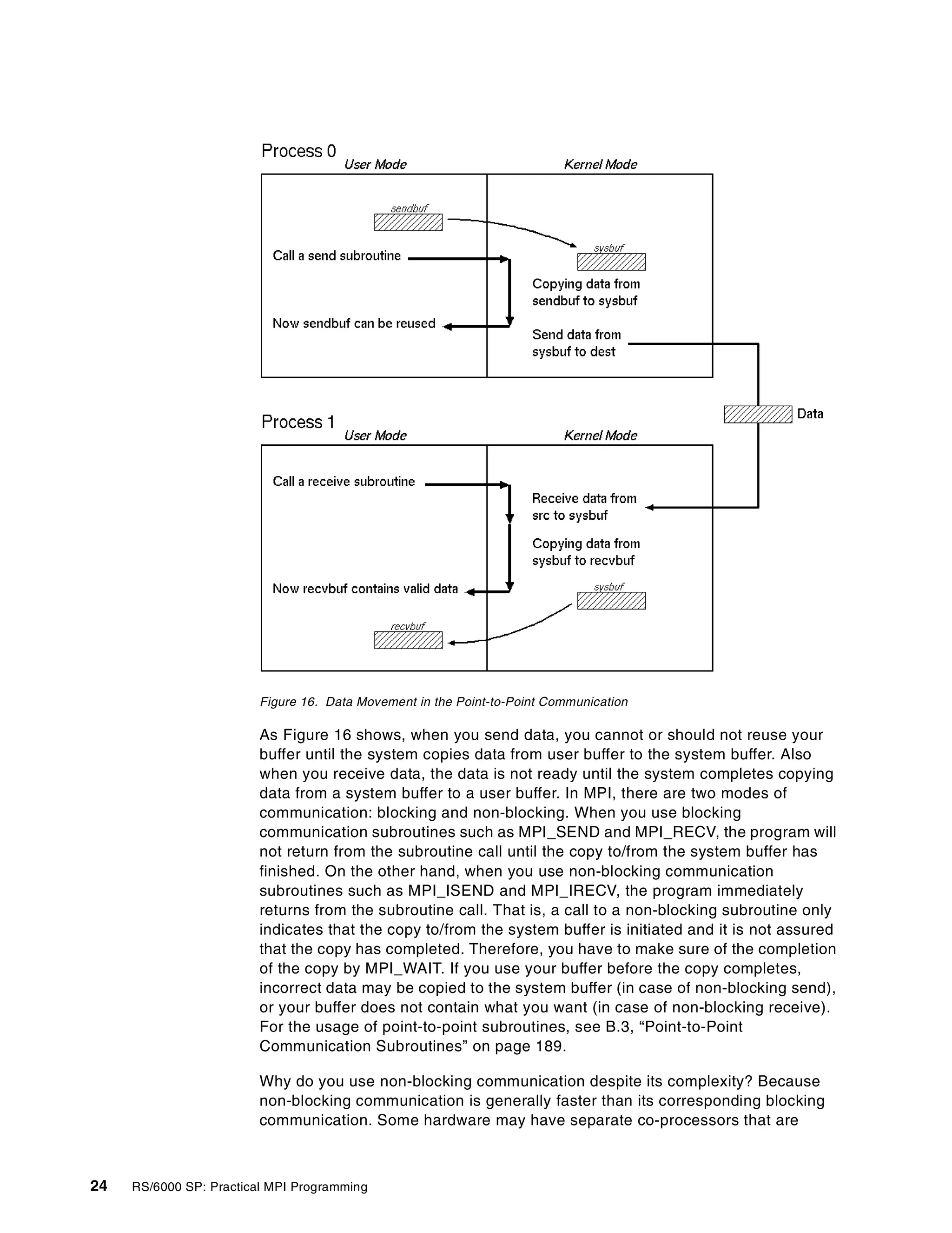 24 RS/6000 SP: Practical MPI Programming
Figure 16. Data Movement in the Point-to-Point Communication
As Figure 16 shows, when you send data, you cannot or should not reuse your
buffer until the system copies data from user buffer to the system buffer. Also
when you receive data, the data is not ready until the system completes copying
data from a system buffer to a user buffer. In MPI, there are two modes of
communication: blocking and non-blocking. When you use blocking
communication subroutines such as MPI_SEND and MPI_RECV, the program will
not return from the subroutine call until the copy to/from the system buffer has
finished. On the other hand, when you use non-blocking communication
subroutines such as MPI_ISEND and MPI_IRECV, the program immediately
returns from the subroutine call. That is, a call to a non-blocking subroutine only
indicates that the copy to/from the system buffer is initiated and it is not assured
that the copy has completed. Therefore, you have to make sure of the completion
of the copy by MPI_WAIT. If you use your buffer before the copy completes,
incorrect data may be copied to the system buffer (in case of non-blocking send),
or your buffer does not contain what you want (in case of non-blocking receive).
For the usage of point-to-point subroutines, see B.3, “Point-to-Point
Communication Subroutines” on page 189.
Why do you use non-blocking communication despite its complexity? Because
non-blocking communication is generally faster than its corresponding blocking
communication. Some hardware may have separate co-processors that are
 