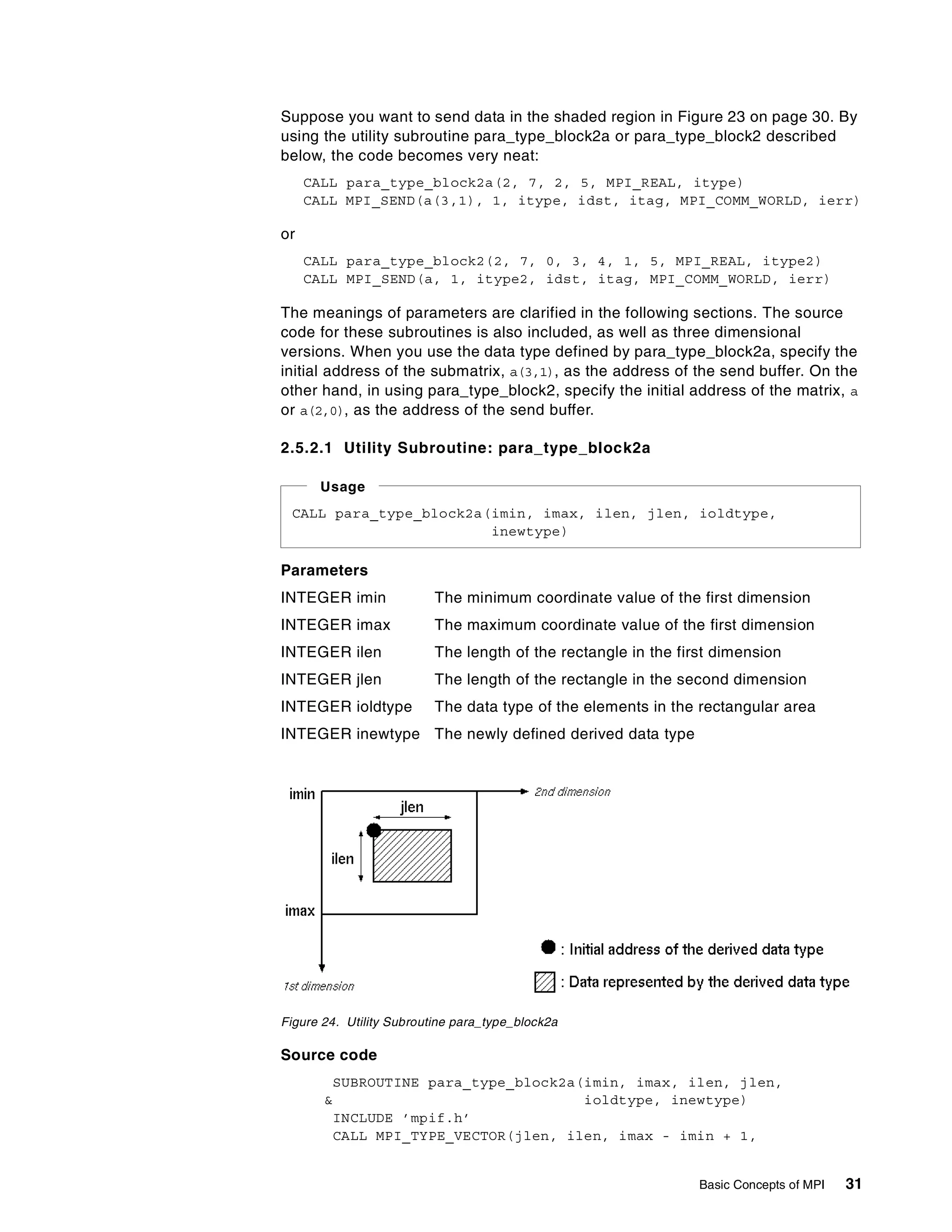 Basic Concepts of MPI 31
Suppose you want to send data in the shaded region in Figure 23 on page 30. By
using the utility subroutine para_type_block2a or para_type_block2 described
below, the code becomes very neat:
CALL para_type_block2a(2, 7, 2, 5, MPI_REAL, itype)
CALL MPI_SEND(a(3,1), 1, itype, idst, itag, MPI_COMM_WORLD, ierr)
or
CALL para_type_block2(2, 7, 0, 3, 4, 1, 5, MPI_REAL, itype2)
CALL MPI_SEND(a, 1, itype2, idst, itag, MPI_COMM_WORLD, ierr)
The meanings of parameters are clarified in the following sections. The source
code for these subroutines is also included, as well as three dimensional
versions. When you use the data type defined by para_type_block2a, specify the
initial address of the submatrix, a(3,1), as the address of the send buffer. On the
other hand, in using para_type_block2, specify the initial address of the matrix, a
or a(2,0), as the address of the send buffer.
2.5.2.1 Utility Subroutine: para_type_block2a
Parameters
INTEGER imin The minimum coordinate value of the first dimension
INTEGER imax The maximum coordinate value of the first dimension
INTEGER ilen The length of the rectangle in the first dimension
INTEGER jlen The length of the rectangle in the second dimension
INTEGER ioldtype The data type of the elements in the rectangular area
INTEGER inewtype The newly defined derived data type
Figure 24. Utility Subroutine para_type_block2a
Source code
SUBROUTINE para_type_block2a(imin, imax, ilen, jlen,
& ioldtype, inewtype)
INCLUDE ’mpif.h’
CALL MPI_TYPE_VECTOR(jlen, ilen, imax - imin + 1,
CALL para_type_block2a(imin, imax, ilen, jlen, ioldtype,
inewtype)
Usage
 