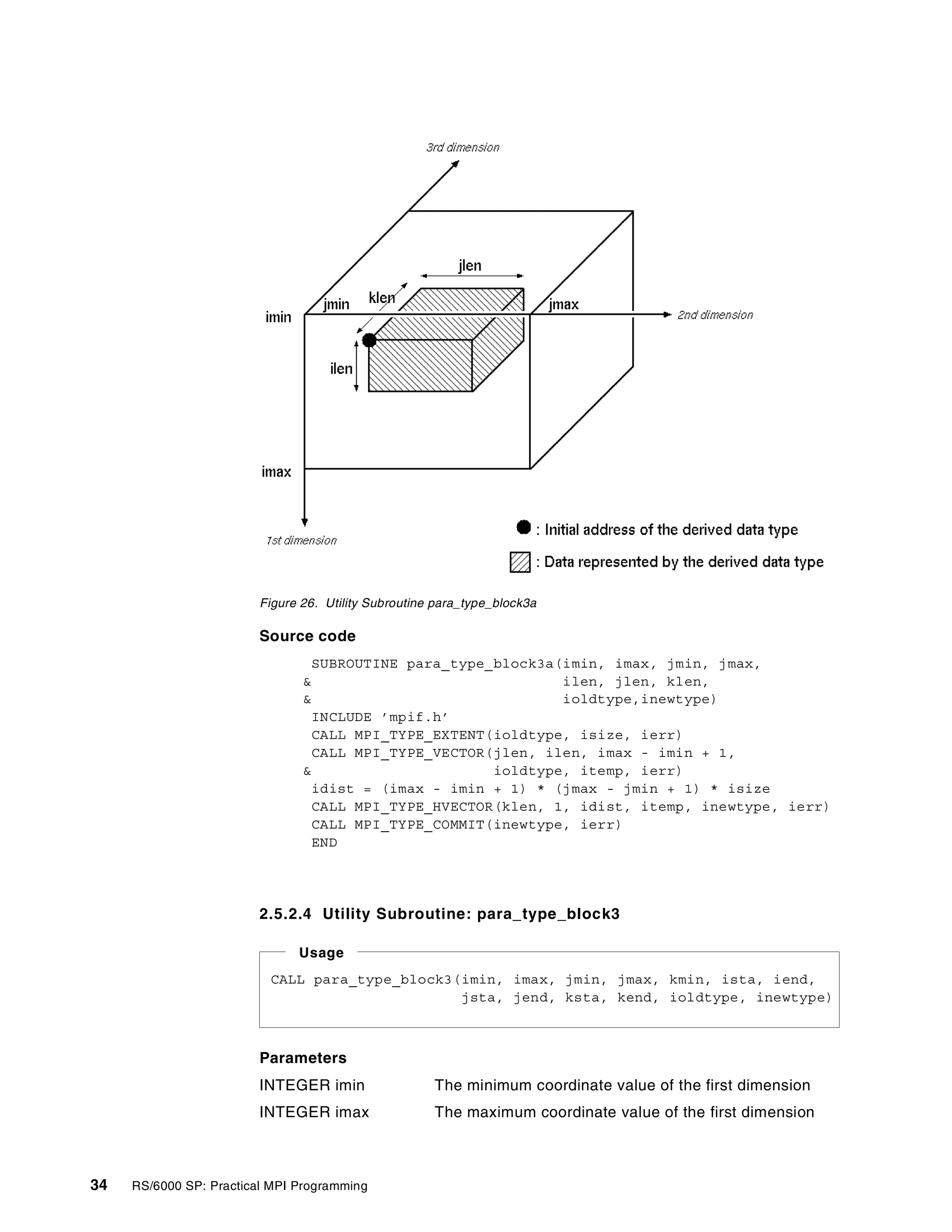 34 RS/6000 SP: Practical MPI Programming
Figure 26. Utility Subroutine para_type_block3a
Source code
SUBROUTINE para_type_block3a(imin, imax, jmin, jmax,
& ilen, jlen, klen,
& ioldtype,inewtype)
INCLUDE ’mpif.h’
CALL MPI_TYPE_EXTENT(ioldtype, isize, ierr)
CALL MPI_TYPE_VECTOR(jlen, ilen, imax - imin + 1,
& ioldtype, itemp, ierr)
idist = (imax - imin + 1) * (jmax - jmin + 1) * isize
CALL MPI_TYPE_HVECTOR(klen, 1, idist, itemp, inewtype, ierr)
CALL MPI_TYPE_COMMIT(inewtype, ierr)
END
2.5.2.4 Utility Subroutine: para_type_block3
Parameters
INTEGER imin The minimum coordinate value of the first dimension
INTEGER imax The maximum coordinate value of the first dimension
CALL para_type_block3(imin, imax, jmin, jmax, kmin, ista, iend,
jsta, jend, ksta, kend, ioldtype, inewtype)
Usage
 