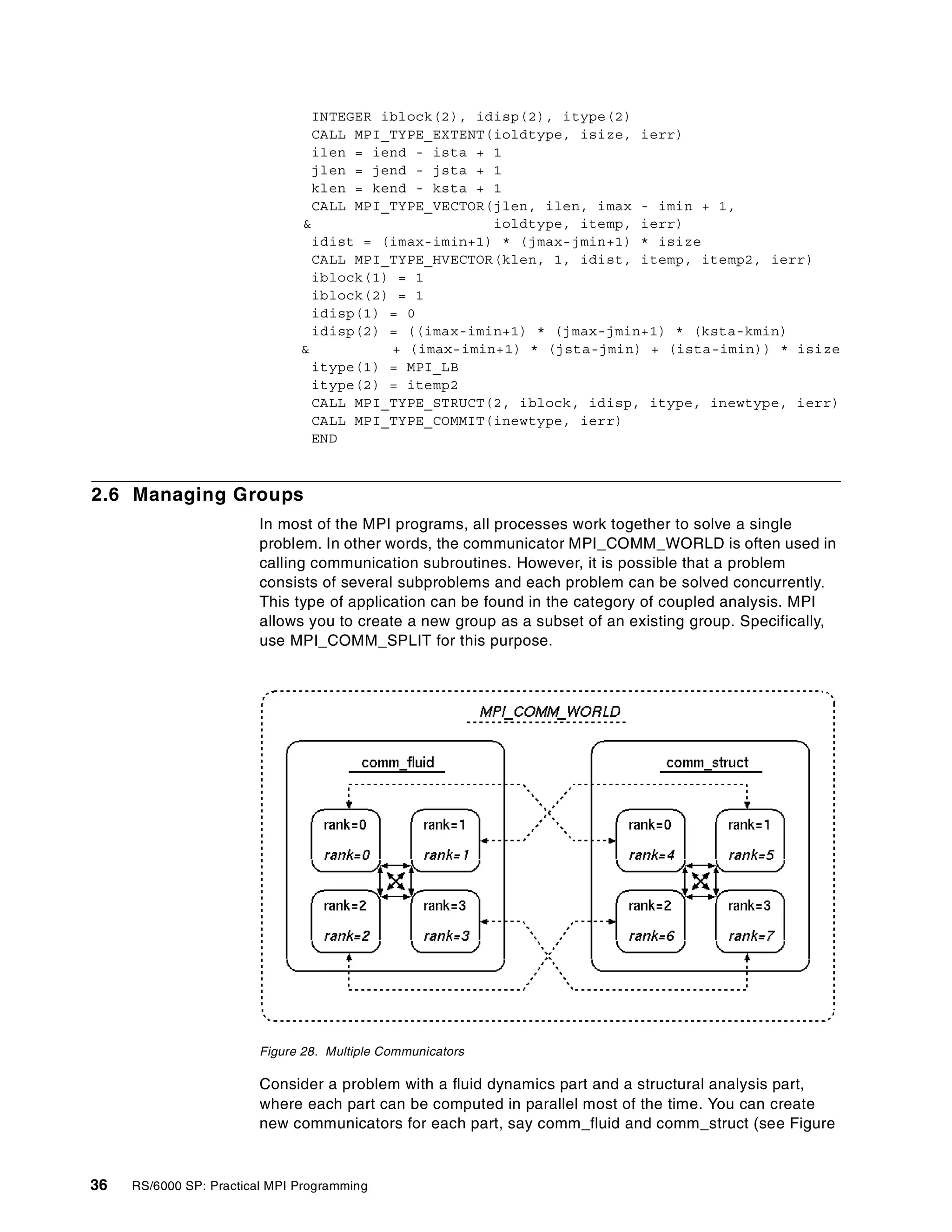 36 RS/6000 SP: Practical MPI Programming
INTEGER iblock(2), idisp(2), itype(2)
CALL MPI_TYPE_EXTENT(ioldtype, isize, ierr)
ilen = iend - ista + 1
jlen = jend - jsta + 1
klen = kend - ksta + 1
CALL MPI_TYPE_VECTOR(jlen, ilen, imax - imin + 1,
& ioldtype, itemp, ierr)
idist = (imax-imin+1) * (jmax-jmin+1) * isize
CALL MPI_TYPE_HVECTOR(klen, 1, idist, itemp, itemp2, ierr)
iblock(1) = 1
iblock(2) = 1
idisp(1) = 0
idisp(2) = ((imax-imin+1) * (jmax-jmin+1) * (ksta-kmin)
& + (imax-imin+1) * (jsta-jmin) + (ista-imin)) * isize
itype(1) = MPI_LB
itype(2) = itemp2
CALL MPI_TYPE_STRUCT(2, iblock, idisp, itype, inewtype, ierr)
CALL MPI_TYPE_COMMIT(inewtype, ierr)
END
2.6 Managing Groups
In most of the MPI programs, all processes work together to solve a single
problem. In other words, the communicator MPI_COMM_WORLD is often used in
calling communication subroutines. However, it is possible that a problem
consists of several subproblems and each problem can be solved concurrently.
This type of application can be found in the category of coupled analysis. MPI
allows you to create a new group as a subset of an existing group. Specifically,
use MPI_COMM_SPLIT for this purpose.
Figure 28. Multiple Communicators
Consider a problem with a fluid dynamics part and a structural analysis part,
where each part can be computed in parallel most of the time. You can create
new communicators for each part, say comm_fluid and comm_struct (see Figure
 