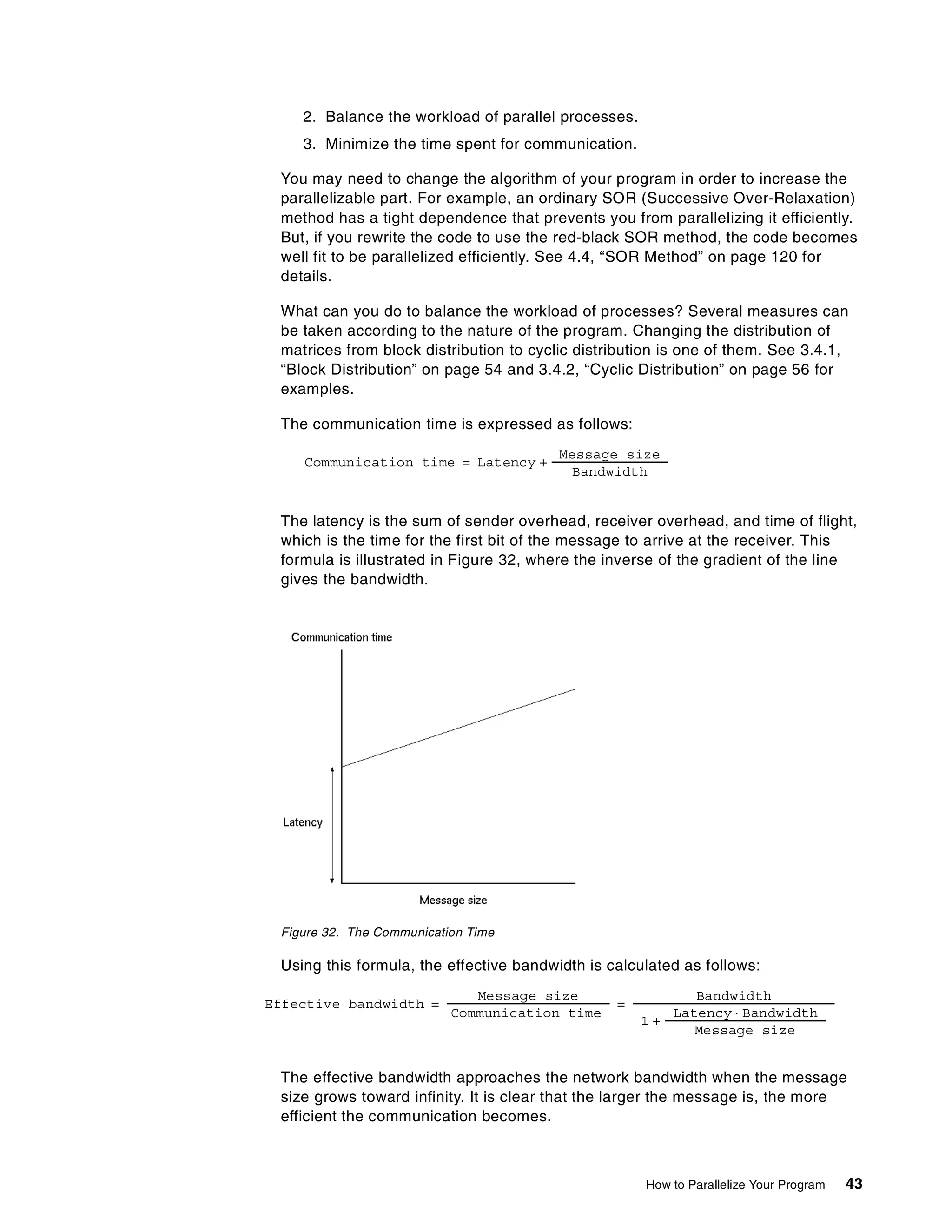 How to Parallelize Your Program 43
2. Balance the workload of parallel processes.
3. Minimize the time spent for communication.
You may need to change the algorithm of your program in order to increase the
parallelizable part. For example, an ordinary SOR (Successive Over-Relaxation)
method has a tight dependence that prevents you from parallelizing it efficiently.
But, if you rewrite the code to use the red-black SOR method, the code becomes
well fit to be parallelized efficiently. See 4.4, “SOR Method” on page 120 for
details.
What can you do to balance the workload of processes? Several measures can
be taken according to the nature of the program. Changing the distribution of
matrices from block distribution to cyclic distribution is one of them. See 3.4.1,
“Block Distribution” on page 54 and 3.4.2, “Cyclic Distribution” on page 56 for
examples.
The communication time is expressed as follows:
The latency is the sum of sender overhead, receiver overhead, and time of flight,
which is the time for the first bit of the message to arrive at the receiver. This
formula is illustrated in Figure 32, where the inverse of the gradient of the line
gives the bandwidth.
Figure 32. The Communication Time
Using this formula, the effective bandwidth is calculated as follows:
The effective bandwidth approaches the network bandwidth when the message
size grows toward infinity. It is clear that the larger the message is, the more
efficient the communication becomes.
Communication time Latency
Message size
Bandwidth
--------------------------------------------------+=
Effective bandwidth
Message size
Communication time
----------------------------------------------------------------------
Bandwidth
1
Latency Bandwidth⋅
Message size
---------------------------------------------------------------------+
---------------------------------------------------------------------------------------= =
 