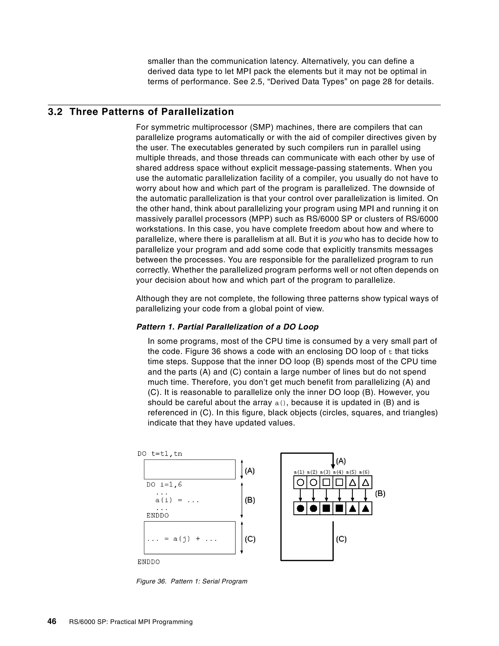 46 RS/6000 SP: Practical MPI Programming
smaller than the communication latency. Alternatively, you can define a
derived data type to let MPI pack the elements but it may not be optimal in
terms of performance. See 2.5, “Derived Data Types” on page 28 for details.
3.2 Three Patterns of Parallelization
For symmetric multiprocessor (SMP) machines, there are compilers that can
parallelize programs automatically or with the aid of compiler directives given by
the user. The executables generated by such compilers run in parallel using
multiple threads, and those threads can communicate with each other by use of
shared address space without explicit message-passing statements. When you
use the automatic parallelization facility of a compiler, you usually do not have to
worry about how and which part of the program is parallelized. The downside of
the automatic parallelization is that your control over parallelization is limited. On
the other hand, think about parallelizing your program using MPI and running it on
massively parallel processors (MPP) such as RS/6000 SP or clusters of RS/6000
workstations. In this case, you have complete freedom about how and where to
parallelize, where there is parallelism at all. But it is you who has to decide how to
parallelize your program and add some code that explicitly transmits messages
between the processes. You are responsible for the parallelized program to run
correctly. Whether the parallelized program performs well or not often depends on
your decision about how and which part of the program to parallelize.
Although they are not complete, the following three patterns show typical ways of
parallelizing your code from a global point of view.
Pattern 1. Partial Parallelization of a DO Loop
In some programs, most of the CPU time is consumed by a very small part of
the code. Figure 36 shows a code with an enclosing DO loop of t that ticks
time steps. Suppose that the inner DO loop (B) spends most of the CPU time
and the parts (A) and (C) contain a large number of lines but do not spend
much time. Therefore, you don’t get much benefit from parallelizing (A) and
(C). It is reasonable to parallelize only the inner DO loop (B). However, you
should be careful about the array a(), because it is updated in (B) and is
referenced in (C). In this figure, black objects (circles, squares, and triangles)
indicate that they have updated values.
Figure 36. Pattern 1: Serial Program
 