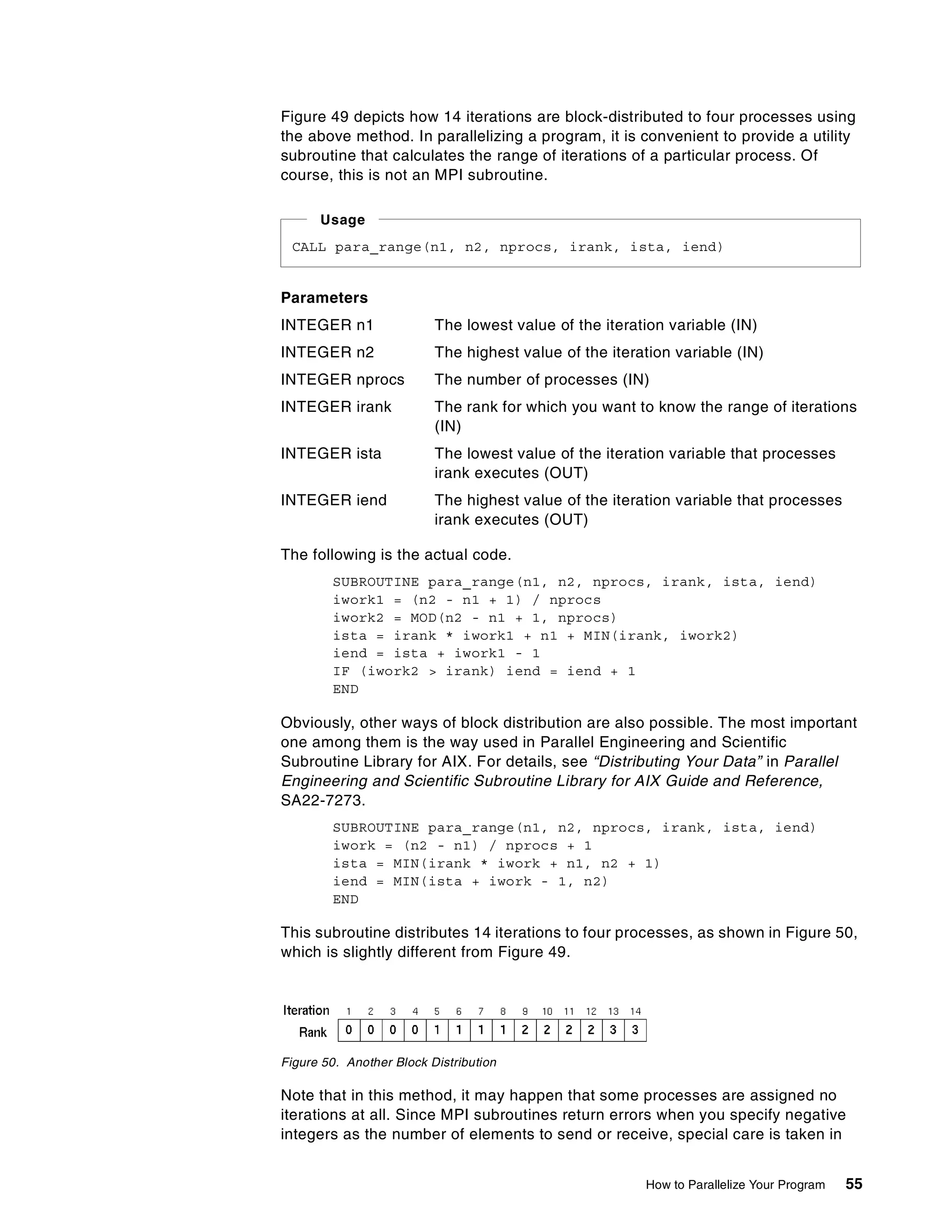 How to Parallelize Your Program 55
Figure 49 depicts how 14 iterations are block-distributed to four processes using
the above method. In parallelizing a program, it is convenient to provide a utility
subroutine that calculates the range of iterations of a particular process. Of
course, this is not an MPI subroutine.
Parameters
INTEGER n1 The lowest value of the iteration variable (IN)
INTEGER n2 The highest value of the iteration variable (IN)
INTEGER nprocs The number of processes (IN)
INTEGER irank The rank for which you want to know the range of iterations
(IN)
INTEGER ista The lowest value of the iteration variable that processes
irank executes (OUT)
INTEGER iend The highest value of the iteration variable that processes
irank executes (OUT)
The following is the actual code.
SUBROUTINE para_range(n1, n2, nprocs, irank, ista, iend)
iwork1 = (n2 - n1 + 1) / nprocs
iwork2 = MOD(n2 - n1 + 1, nprocs)
ista = irank * iwork1 + n1 + MIN(irank, iwork2)
iend = ista + iwork1 - 1
IF (iwork2 > irank) iend = iend + 1
END
Obviously, other ways of block distribution are also possible. The most important
one among them is the way used in Parallel Engineering and Scientific
Subroutine Library for AIX. For details, see “Distributing Your Data” in Parallel
Engineering and Scientific Subroutine Library for AIX Guide and Reference,
SA22-7273.
SUBROUTINE para_range(n1, n2, nprocs, irank, ista, iend)
iwork = (n2 - n1) / nprocs + 1
ista = MIN(irank * iwork + n1, n2 + 1)
iend = MIN(ista + iwork - 1, n2)
END
This subroutine distributes 14 iterations to four processes, as shown in Figure 50,
which is slightly different from Figure 49.
Figure 50. Another Block Distribution
Note that in this method, it may happen that some processes are assigned no
iterations at all. Since MPI subroutines return errors when you specify negative
integers as the number of elements to send or receive, special care is taken in
CALL para_range(n1, n2, nprocs, irank, ista, iend)
Usage
 