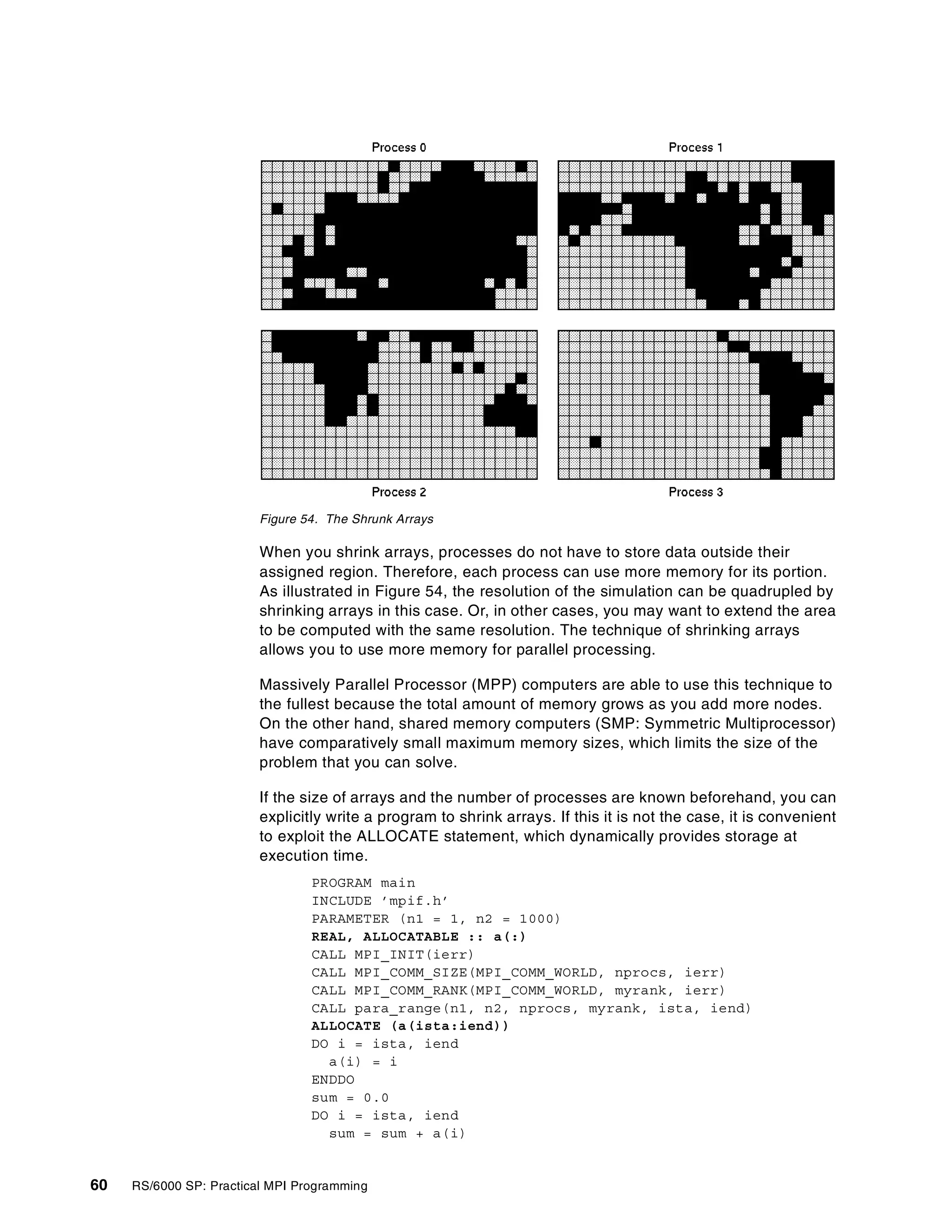 60 RS/6000 SP: Practical MPI Programming
Figure 54. The Shrunk Arrays
When you shrink arrays, processes do not have to store data outside their
assigned region. Therefore, each process can use more memory for its portion.
As illustrated in Figure 54, the resolution of the simulation can be quadrupled by
shrinking arrays in this case. Or, in other cases, you may want to extend the area
to be computed with the same resolution. The technique of shrinking arrays
allows you to use more memory for parallel processing.
Massively Parallel Processor (MPP) computers are able to use this technique to
the fullest because the total amount of memory grows as you add more nodes.
On the other hand, shared memory computers (SMP: Symmetric Multiprocessor)
have comparatively small maximum memory sizes, which limits the size of the
problem that you can solve.
If the size of arrays and the number of processes are known beforehand, you can
explicitly write a program to shrink arrays. If this it is not the case, it is convenient
to exploit the ALLOCATE statement, which dynamically provides storage at
execution time.
PROGRAM main
INCLUDE ’mpif.h’
PARAMETER (n1 = 1, n2 = 1000)
REAL, ALLOCATABLE :: a(:)
CALL MPI_INIT(ierr)
CALL MPI_COMM_SIZE(MPI_COMM_WORLD, nprocs, ierr)
CALL MPI_COMM_RANK(MPI_COMM_WORLD, myrank, ierr)
CALL para_range(n1, n2, nprocs, myrank, ista, iend)
ALLOCATE (a(ista:iend))
DO i = ista, iend
a(i) = i
ENDDO
sum = 0.0
DO i = ista, iend
sum = sum + a(i)
 