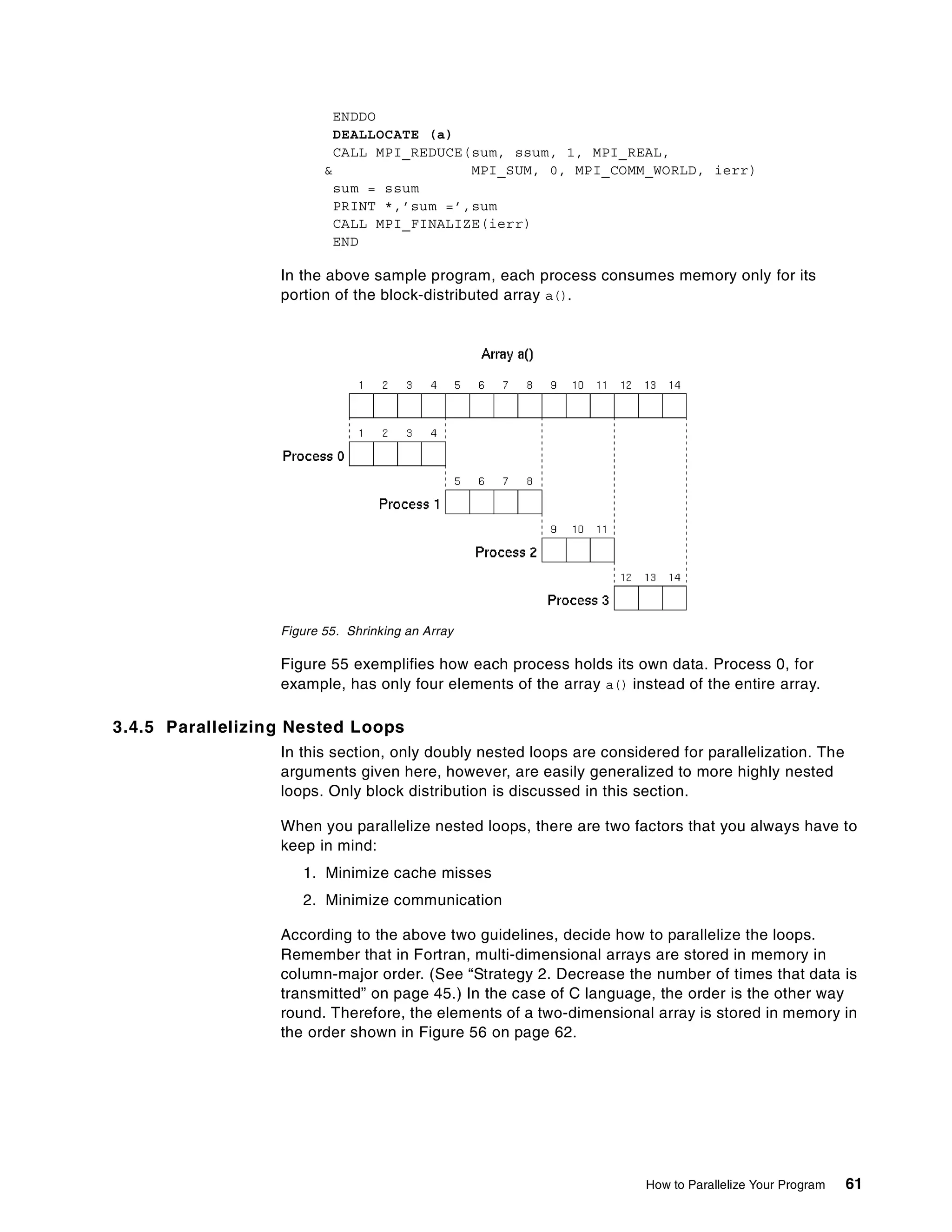 How to Parallelize Your Program 61
ENDDO
DEALLOCATE (a)
CALL MPI_REDUCE(sum, ssum, 1, MPI_REAL,
& MPI_SUM, 0, MPI_COMM_WORLD, ierr)
sum = ssum
PRINT *,’sum =’,sum
CALL MPI_FINALIZE(ierr)
END
In the above sample program, each process consumes memory only for its
portion of the block-distributed array a().
Figure 55. Shrinking an Array
Figure 55 exemplifies how each process holds its own data. Process 0, for
example, has only four elements of the array a() instead of the entire array.
3.4.5 Parallelizing Nested Loops
In this section, only doubly nested loops are considered for parallelization. The
arguments given here, however, are easily generalized to more highly nested
loops. Only block distribution is discussed in this section.
When you parallelize nested loops, there are two factors that you always have to
keep in mind:
1. Minimize cache misses
2. Minimize communication
According to the above two guidelines, decide how to parallelize the loops.
Remember that in Fortran, multi-dimensional arrays are stored in memory in
column-major order. (See “Strategy 2. Decrease the number of times that data is
transmitted” on page 45.) In the case of C language, the order is the other way
round. Therefore, the elements of a two-dimensional array is stored in memory in
the order shown in Figure 56 on page 62.
 