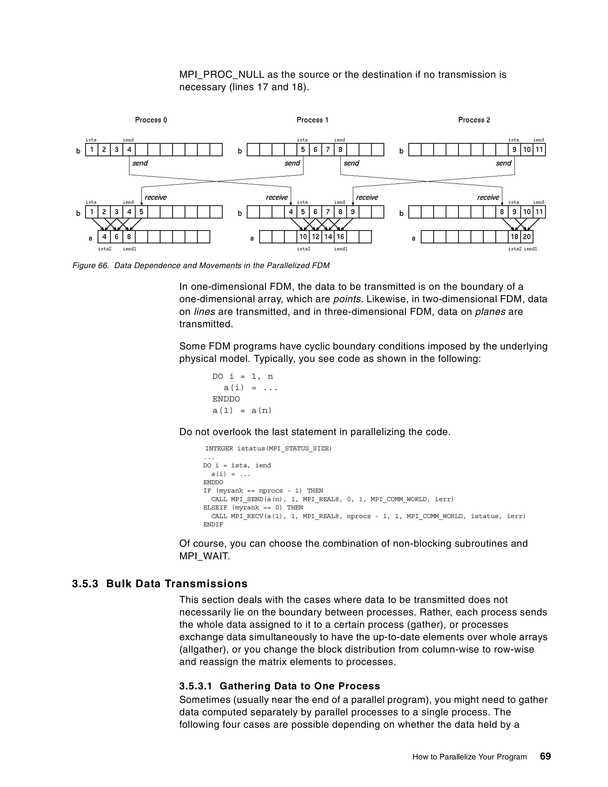 How to Parallelize Your Program 69
MPI_PROC_NULL as the source or the destination if no transmission is
necessary (lines 17 and 18).
Figure 66. Data Dependence and Movements in the Parallelized FDM
In one-dimensional FDM, the data to be transmitted is on the boundary of a
one-dimensional array, which are points. Likewise, in two-dimensional FDM, data
on lines are transmitted, and in three-dimensional FDM, data on planes are
transmitted.
Some FDM programs have cyclic boundary conditions imposed by the underlying
physical model. Typically, you see code as shown in the following:
DO i = 1, n
a(i) = ...
ENDDO
a(1) = a(n)
Do not overlook the last statement in parallelizing the code.
INTEGER istatus(MPI_STATUS_SIZE)
...
DO i = ista, iend
a(i) = ...
ENDDO
IF (myrank == nprocs - 1) THEN
CALL MPI_SEND(a(n), 1, MPI_REAL8, 0, 1, MPI_COMM_WORLD, ierr)
ELSEIF (myrank == 0) THEN
CALL MPI_RECV(a(1), 1, MPI_REAL8, nprocs - 1, 1, MPI_COMM_WORLD, istatus, ierr)
ENDIF
Of course, you can choose the combination of non-blocking subroutines and
MPI_WAIT.
3.5.3 Bulk Data Transmissions
This section deals with the cases where data to be transmitted does not
necessarily lie on the boundary between processes. Rather, each process sends
the whole data assigned to it to a certain process (gather), or processes
exchange data simultaneously to have the up-to-date elements over whole arrays
(allgather), or you change the block distribution from column-wise to row-wise
and reassign the matrix elements to processes.
3.5.3.1 Gathering Data to One Process
Sometimes (usually near the end of a parallel program), you might need to gather
data computed separately by parallel processes to a single process. The
following four cases are possible depending on whether the data held by a
 