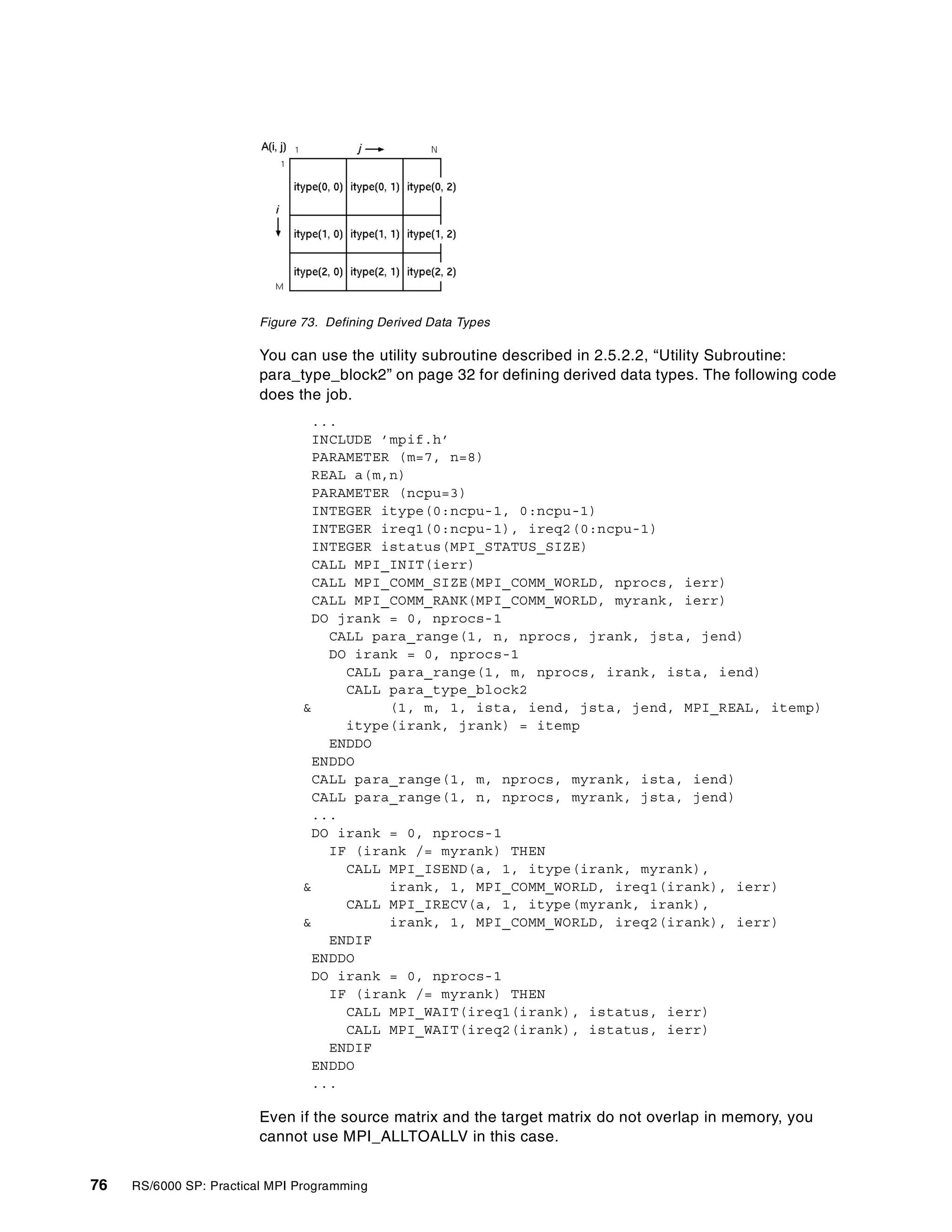 76 RS/6000 SP: Practical MPI Programming
Figure 73. Defining Derived Data Types
You can use the utility subroutine described in 2.5.2.2, “Utility Subroutine:
para_type_block2” on page 32 for defining derived data types. The following code
does the job.
...
INCLUDE ’mpif.h’
PARAMETER (m=7, n=8)
REAL a(m,n)
PARAMETER (ncpu=3)
INTEGER itype(0:ncpu-1, 0:ncpu-1)
INTEGER ireq1(0:ncpu-1), ireq2(0:ncpu-1)
INTEGER istatus(MPI_STATUS_SIZE)
CALL MPI_INIT(ierr)
CALL MPI_COMM_SIZE(MPI_COMM_WORLD, nprocs, ierr)
CALL MPI_COMM_RANK(MPI_COMM_WORLD, myrank, ierr)
DO jrank = 0, nprocs-1
CALL para_range(1, n, nprocs, jrank, jsta, jend)
DO irank = 0, nprocs-1
CALL para_range(1, m, nprocs, irank, ista, iend)
CALL para_type_block2
& (1, m, 1, ista, iend, jsta, jend, MPI_REAL, itemp)
itype(irank, jrank) = itemp
ENDDO
ENDDO
CALL para_range(1, m, nprocs, myrank, ista, iend)
CALL para_range(1, n, nprocs, myrank, jsta, jend)
...
DO irank = 0, nprocs-1
IF (irank /= myrank) THEN
CALL MPI_ISEND(a, 1, itype(irank, myrank),
& irank, 1, MPI_COMM_WORLD, ireq1(irank), ierr)
CALL MPI_IRECV(a, 1, itype(myrank, irank),
& irank, 1, MPI_COMM_WORLD, ireq2(irank), ierr)
ENDIF
ENDDO
DO irank = 0, nprocs-1
IF (irank /= myrank) THEN
CALL MPI_WAIT(ireq1(irank), istatus, ierr)
CALL MPI_WAIT(ireq2(irank), istatus, ierr)
ENDIF
ENDDO
...
Even if the source matrix and the target matrix do not overlap in memory, you
cannot use MPI_ALLTOALLV in this case.
 