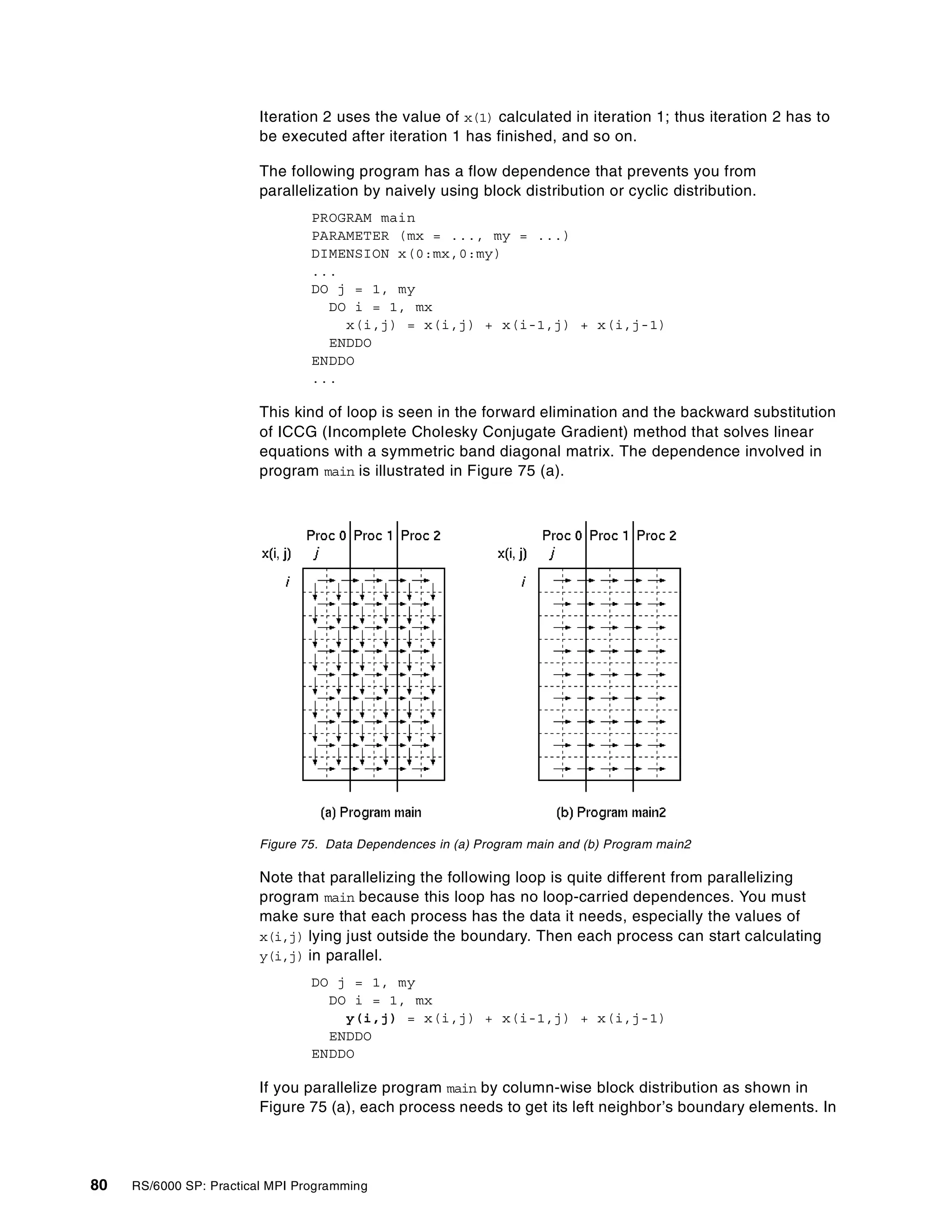 80 RS/6000 SP: Practical MPI Programming
Iteration 2 uses the value of x(1) calculated in iteration 1; thus iteration 2 has to
be executed after iteration 1 has finished, and so on.
The following program has a flow dependence that prevents you from
parallelization by naively using block distribution or cyclic distribution.
PROGRAM main
PARAMETER (mx = ..., my = ...)
DIMENSION x(0:mx,0:my)
...
DO j = 1, my
DO i = 1, mx
x(i,j) = x(i,j) + x(i-1,j) + x(i,j-1)
ENDDO
ENDDO
...
This kind of loop is seen in the forward elimination and the backward substitution
of ICCG (Incomplete Cholesky Conjugate Gradient) method that solves linear
equations with a symmetric band diagonal matrix. The dependence involved in
program main is illustrated in Figure 75 (a).
Figure 75. Data Dependences in (a) Program main and (b) Program main2
Note that parallelizing the following loop is quite different from parallelizing
program main because this loop has no loop-carried dependences. You must
make sure that each process has the data it needs, especially the values of
x(i,j) lying just outside the boundary. Then each process can start calculating
y(i,j) in parallel.
DO j = 1, my
DO i = 1, mx
y(i,j) = x(i,j) + x(i-1,j) + x(i,j-1)
ENDDO
ENDDO
If you parallelize program main by column-wise block distribution as shown in
Figure 75 (a), each process needs to get its left neighbor’s boundary elements. In
 