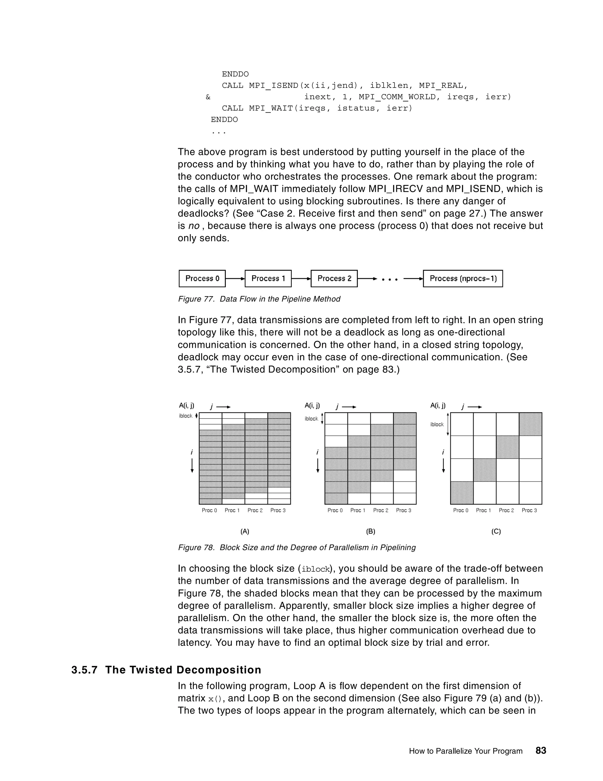 How to Parallelize Your Program 83
ENDDO
CALL MPI_ISEND(x(ii,jend), iblklen, MPI_REAL,
& inext, 1, MPI_COMM_WORLD, ireqs, ierr)
CALL MPI_WAIT(ireqs, istatus, ierr)
ENDDO
...
The above program is best understood by putting yourself in the place of the
process and by thinking what you have to do, rather than by playing the role of
the conductor who orchestrates the processes. One remark about the program:
the calls of MPI_WAIT immediately follow MPI_IRECV and MPI_ISEND, which is
logically equivalent to using blocking subroutines. Is there any danger of
deadlocks? (See “Case 2. Receive first and then send” on page 27.) The answer
is no , because there is always one process (process 0) that does not receive but
only sends.
Figure 77. Data Flow in the Pipeline Method
In Figure 77, data transmissions are completed from left to right. In an open string
topology like this, there will not be a deadlock as long as one-directional
communication is concerned. On the other hand, in a closed string topology,
deadlock may occur even in the case of one-directional communication. (See
3.5.7, “The Twisted Decomposition” on page 83.)
Figure 78. Block Size and the Degree of Parallelism in Pipelining
In choosing the block size (iblock), you should be aware of the trade-off between
the number of data transmissions and the average degree of parallelism. In
Figure 78, the shaded blocks mean that they can be processed by the maximum
degree of parallelism. Apparently, smaller block size implies a higher degree of
parallelism. On the other hand, the smaller the block size is, the more often the
data transmissions will take place, thus higher communication overhead due to
latency. You may have to find an optimal block size by trial and error.
3.5.7 The Twisted Decomposition
In the following program, Loop A is flow dependent on the first dimension of
matrix x(), and Loop B on the second dimension (See also Figure 79 (a) and (b)).
The two types of loops appear in the program alternately, which can be seen in
 