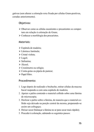 75
gativas (sem alterar a coloração roxa fixada por células Gram-positivas,
coradas anteriormente).
Objetivos:
➢ Observar como as células eucariontes e procariontes se compor-
tam em relação à coloração de Gram;
➢ Conhecer a morfologia dos procariotos.
Materiais:
➢ Espátula de madeira;
➢ Lâmina e lamínula;
➢ Cristal violeta;
➢ Lugol;
➢ Safranina;
➢ Álcool;
➢ Cronômetro ou relógio;
➢ Conta-gotas ou pipeta de pasteur;
➢ Papel filtro.
Procedimento:
1. Logo depois de realizado o bochecho, retirar células da mucosa
bucal raspando-a com uma espátula de madeira;
2. Apoiar o palito contendo o material colhido sobre uma lâmina
de microscopia;
3. Deslizar o palito sobre a lâmina, de maneira que o material co-
lhido seja deixado na porção central da mesma, preparando-se
assim um esfregaço;
4. Deixar secar (balançar a lâmina no ar para secar mais rápido);
5. Proceder à coloração, adotando os seguintes passos:
 