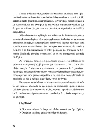 80
Muitas espécies de fungos têm sido testadas e utilizadas para a pro-
dução de substâncias de interesse industrial ou médico: o etanol, o ácido
cítrico, o ácido glucônico, os aminoácidos, as vitaminas, os nucleotídeos e
os polissacarídeos são exemplos de metabólitos primários produzidos por
fungos; os antibióticos, por sua vez, constituem importantes metabólitos
secundários.
Além da sua vasta aplicação em indústrias de fermentação, novos
aspectos biotecnológicos têm sido explorados, inclusive os de caráter
ambiental, ou seja, os fungos podem atuar como agentes benéficos para
a melhoria do meio ambiente. Por exemplo: no tratamento de resíduos
líquidos e na biorremediação de solos poluídos, na produção de bio-
massa (incluindo proteína comestível) ou o seu emprego no controle
biológico.
As leveduras, fungos com uma forma oval, sofrem influência na
presença de oxigênio (O2), já que este gás determinará o modo como elas
obtêm energia. Assim, ao se encontrarem na presença de O2, realizam
respiração aeróbia; de outro modo, realizarão fermentação alcoólica, de
modo que têm uma grande importância na indústria, nomeadamente na
produção de pão e bebidas alcoólicas, como a cerveja.
Estes seres unicelulares reproduzem-se assexuadamente, através
de um processo chamado de gemulação ou brotamento (quando a nova
célula origina-se de uma protuberância, ou gema, a partir da célula-mãe),
de forma bastante rápida quando em condições favoráveis (na presença
de glicose).
Objetivos:
➢ Observar culturas de fungo unicelulares no microscópio óptico;
➢ Observar a divisão celular mitótica em fungos.
 