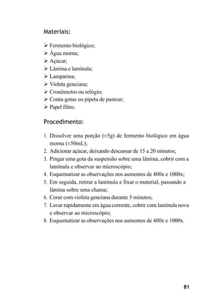81
Materiais:
➢ Fermento biológico;
➢ Água morna;
➢ Açúcar;
➢ Lâmina e lamínula;
➢ Lamparina;
➢ Violeta genciana;
➢ Cronômetro ou relógio;
➢ Conta-gotas ou pipeta de pasteur;
➢ Papel filtro.
Procedimento:
1. Dissolver uma porção (±5g) de fermento biológico em água
morna (±50mL);
2. Adicionar açúcar, deixando descansar de 15 a 20 minutos;
3. Pingar uma gota da suspensão sobre uma lâmina, cobrir com a
lamínula e observar ao microscópio;
4. Esquematizar as observações nos aumentos de 400x e 1000x;
5. Em seguida, retirar a lamínula e fixar o material, passando a
lâmina sobre uma chama;
6. Corar com violeta genciana durante 5 minutos;
7. Lavar rapidamente em água corrente, cobrir com lamínula nova
e observar ao microscópio;
8. Esquematizar as observações nos aumentos de 400x e 1000x.
 