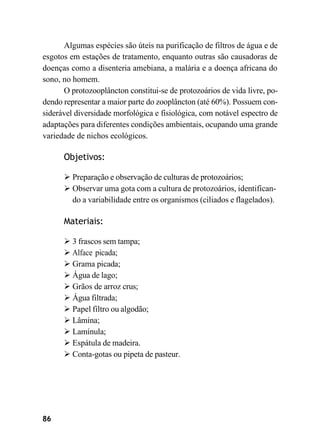 86
Algumas espécies são úteis na purificação de filtros de água e de
esgotos em estações de tratamento, enquanto outras são causadoras de
doenças como a disenteria amebiana, a malária e a doença africana do
sono, no homem.
O protozooplâncton constitui-se de protozoários de vida livre, po-
dendo representar a maior parte do zooplâncton (até 60%). Possuem con-
siderável diversidade morfológica e fisiológica, com notável espectro de
adaptações para diferentes condições ambientais, ocupando uma grande
variedade de nichos ecológicos.
Objetivos:
➢ Preparação e observação de culturas de protozoários;
➢ Observar uma gota com a cultura de protozoários, identifican-
do a variabilidade entre os organismos (ciliados e flagelados).
Materiais:
➢ 3 frascos sem tampa;
➢ Alface picada;
➢ Grama picada;
➢ Água de lago;
➢ Grãos de arroz crus;
➢ Água filtrada;
➢ Papel filtro ou algodão;
➢ Lâmina;
➢ Lamínula;
➢ Espátula de madeira.
➢ Conta-gotas ou pipeta de pasteur.
 