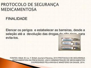 FINALIDADE
Elencar os perigos e estabelecer as barreiras, desde a
seleção até a devolução das drogas de alto risco, para
evita-los.
FONTES: Elliott, M; Liu, Y. British Journal of Nursing, 2010 PROTOCOLO DE SEGURANÇA
MEDICAMENTOSA NA PRESCRIÇÃO, USO E ADMINISTRAÇÃO DE MEDICAMENTOS
COORDENADO PELA ANVISA E MINISTERIO DA SAUDE, 2014.
 