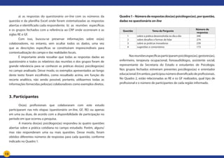 13
	 a) as respostas do questionário on-line com os números da
questão e da planilha Excel onde foram sistematizadas as respostas
abertas e identificado cada respondente; 	b) as reuniões específicas
e os grupos fechados com a referência ao CRP onde ocorreram e as
siglas RE e GF.
	 Com isso, buscou-se preservar informações sobre os(as)
colaboradores, no entanto, sem ocultar todos os dados, uma vez
que as descrições específicas se constituíram imprescindíveis para
contextualização do campo e das realidades locais.
	 É importante ainda ressaltar que todas as respostas dadas ao
questionário e todos os relatórios das reuniões e dos grupos foram de
grande relevância para se conhecer as práticas dos(as) psicólogos(as)
no campo analisado. Desse modo, os exemplos apresentados ao longo
deste texto foram escolhidos, como ressaltado acima, em função do
recorte analítico, não sendo possível, portanto, utilizarmos todas as
informações fornecidas pelos(as) colaboradores como exemplos diretos.
3. Participantes
	 Os(as) profissionais que colaboraram com este estudo
participaram nas três etapas (questionário on-line, GF, RE) ou apenas
em uma ou duas, de acordo com a disponibilidade de participação no
período em que ocorreu a pesquisa.
	 A maioria dos(as) psicólogos(as) respondeu às quatro questões
abertas sobre a prática cotidiana no campo estudado. Porém, alguns/
mas não responderam uma ou mais questões. Desse modo, foram
obtidos diferentes números de respostas para cada questão, conforme
indicado no Quadro 1.
Quadro1–Númeroderespostasdos(as)psicólogos(as),porquestão,
dadas no questionário on-line
Questão Tema da Pergunta
Número de
respostas
1 sobre a prática desenvolvida no dia a dia 340
2 sobre desafios e formas de lidar 274
3 sobre as práticas inovadoras 239
4 sugestões e comentários 173
	 Nasreuniõesespecíficasparticiparampsicólogos(as),gestores(as),
enfermeiro, terapeuta ocupacional, fonoaudiólogos, assistente social,
representante da Secretaria do Estado e estudantes de Psicologia.
Nos grupos fechados estiveram presentes psicólogos(as) e orientador
educacional.Emambos,participounúmerodiversificadodeprofissionais.
No Quadro 2, estão relacionadas as RE e os GF realizados, qual tipo de
profissional e o número de participantes de cada região informado.
 