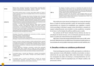 34
CRP 08
Método Clínico, Psicologia Comunitária, Psicomotricidade, Psicoterapia Breve,
Cognitivo-Comportamental, Abordagem Sistêmica, Abordagem Reichiana,
Analítico-Comportamental, Neopsicanálise, Trabalho em Grupo.
CRP 09 TO
“Não aprendi nenhuma teoria ou conceito sobre política pública em relação à
saúde ou quaisquer outras áreas na faculdade. Nutro em mim um sentimento de
vazio quanto a isso”;
“Deveríamos utilizar a Psicologia Sócio-Histórica (Psicologia Social e Psicologia
Comunitária). Autores: Paulo Freire, Marx, Ana Bock, Vygotsky, Freud, Jean Piaget,
P. Rivière (grupos), Carl Rogers, Sartre, Poesias, Pintores, Fernando Pessoa”;
“Teoria da problematização”: Zanelli (treinamento), Tamayo (estresse e cultura),
Dejours (prazer e sofrimento), Mendonça (formas de enfrentamento a problemas);
“O referencial teórico é aquele promovido pela academia, mais voltado para ações
curativas e clínicas do que para ações preventivas e sociais”;
Psicanálise – S. Freud, Lacan; Arminda Aberastury; Saúde mental; Psicologia
Comunitária; Psicologia Comportamental Cognitiva; Área clínica: análise do
comportamento – B. F. Skinner, William Baum, Miller; CID-10;SUS, Saúde coletiva;
Psicoterapia breve;“Gestalt-terapia e Psicologia Social. Autores: Mary Jane Spink,
Fritz Perls, Jorge Ponciano Ribeiro, Humberto Maturana, Fritjof Capra”; “Teoria da
objetividade centrada na problemática atual do cliente”;
Psicologia humanista; Psicologia Sócio-Histórica.
CRP 10
Abordagem Psicanalítica: associação livre, inconsciente, ato falho, compulsão,
onírico, transferência, contratransferência;
Abordagem Centrada na Pessoa: empatia;
Visão sistêmica: família nuclear; ciclos familiares;
Abordagem comportamental: sensibilização sistemática; reestruturação cognitiva.
CRP 11
Quanto a conceitos e teorias que apoiam a prática profissional foram sugeridos
a Psicologia Social Comunitária, Psicopatologia, Psicoterapia Breve e Teorias de
Aconselhamento Psicológico. O conceito de Clínica Ampliada também é indicado
para orientar os atendimentos. A aplicação dos preceitos da Educação Popular é
útil e aconselhada.
Conteúdos adjacentes à Psicologia e necessários à prática foram apontados
os conhecimentos sobre o Sistema Único de Saúde, seus níveis de atenção, a
conceituação de redes de atenção, as portarias regulatórias da Atenção Básica e
da Estratégia de Saúde da Família e dos Núcleos de Apoio à Saúde da Família.
CRP 14
MT
As principais teorias e conceitos que influenciam a atuação são psicanalítica
freudiana, psicodrama, base analítica, Psicologia social, políticas públicas e
comportamental.
MS
As principais teorias e conceitos que influenciam a atuação são cognitiva
comportamental, ludoterapia, psicanálise, humanista, psicodrama, terapia
sistêmica familiar, terapia breve e focal, analítica e lacaniana.
CRP 16
Em relação a este tópico o consenso é a importância dos estudos da área da
Saúde Pública e Saúde Coletiva. Uma das participantes entendeu que este tipo
de levantamento acerca das possíveis utilizadas não cabe como algo que possa
ajudar: “Acho que a gente não pode fechar não. Acho que tudo que for relacionado
à saúde coletiva, acho que cabe” (informação verbal).
Apesar de concordar com esta posição a outra psicóloga afirmou que tem
abordagens teóricas que ela prioriza como: Clínica da Diferença, Esquizoanálise,
Guattari, Foucault, Deleuze, Paulo Amarante. Concordaram que a linha é um
apoio pessoal que se soma à formação.
Pela análise das ações dos(as) psicólogos(as) no campo da Atenção
Básica à Saúde foi possível perceber modos de intervenções variados,
apresentando um conjunto de modalidades que englobam o atendi-
mento psicológico individual e grupal, visitas domiciliares e atuação em
equipe multiprofissional, como também na área acadêmica, na gestão
de serviços e na formulação de políticas públicas para a saúde.
No contexto da ESF foram indicadas formas distintas de atuar na
articulação da rede de serviços, com as instituições parceiras da comuni-
dade e na prática do matriciamento das equipes da ESF.
Alémdisso,oslocaisdeatuaçãoprofissionalvariamentreasUBS,unida-
desdaESFdiferenteslocaisvinculadostantoàSecretariadeSaúdequantoou-
trassecretariasdoserviçopúblico(educação,assistênciasocial,Judiciário,etc.).
4. Desafios vividos no cotidiano profissional
Os(as) psicólogos(as) atuantes na ABS, participantes no referido es-
tudo, apontaram muitas dificuldades e desafios encontrados no desen-
volvimento de suas ações. Alguns deles estão relacionados à mudança
nas concepções de saúde e de doença e, consequentemente, aos mo-
delos de cuidado à saúde da população que, em relação à prática, são
processuais e lentas.
 