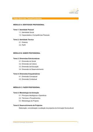 Práticas de Animação Sociocultural 7
Visão Geral dos Temas/Conteúdos
MÓDULO A. IDENTIDADE PROFISSIONAL
Tema 1. Identidade Pessoal
1.1. Identidade Social
1.2. Capacidades e Competências Pessoais
Tema 2. Identidade Técnica
2.1. Estatuto
2.2. Perfil
MÓDULO B. SABER PROFISSIONAL
Tema 3. Dimensões Estruturadoras
3.1. Dimensão do Social
3.2. Dimensão da Cultura
3.3. Dimensão da Educação
3.4. Dimensão do Desenvolvimento
Tema 4. Dimensões Enquadradoras
4.1. Dimensão Conceptual
4.2. Dimensão Contextual
MÓDULO C. FAZER PROFISSIONAL
Tema 5. Metodologia da Animação
5.1. Princípios Ideológicos e Operativos
5.2. Técnicas e Procedimentos
5.3. Metodologia de Projecto
Tema 6. Desenvolvimento de Projectos
Elaboração, concretização e avaliação de projectos de Animação Sociocultural
 
