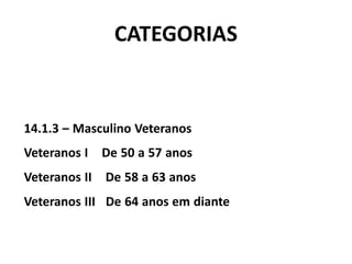 CATEGORIAS
14.1.3 – Masculino Veteranos
Veteranos I De 50 a 57 anos
Veteranos II De 58 a 63 anos
Veteranos III De 64 anos em diante
 