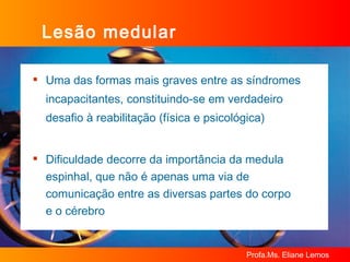 Lesão medular Uma das formas mais graves entre as síndromes incapacitantes, constituindo-se em verdadeiro desafio à reabilitação (física e psicológica) Dificuldade decorre da importância da medula espinhal, que não é apenas uma via de comunicação entre as diversas partes do corpo  e o cérebro 