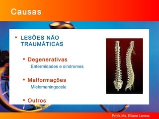 Causas LESÕES NÃO TRAUMÁTICAS Degenerativas Enfermidades e síndromes Malformações Mielomeningocele Outros Poliomielite 
