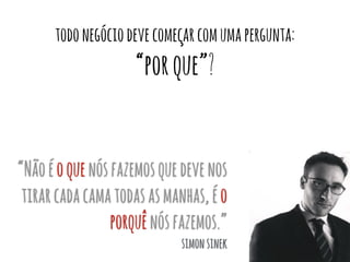 todo negócio deve começar com uma pergunta: 
“por que”? 
“Não é o que nós fazemos que deve nos 
tirar cada cama todas as manhas, é o 
porquê nós fazemos.” 
simon sinek 
 