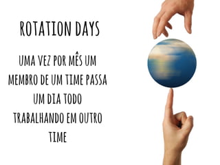 rotation days 
uma vez por mês um 
membro de um time passa 
um dia todo 
trabalhando em outro 
time 
 