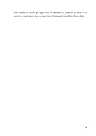 94
pode constatar no quadro que segue, onde se apresentam as dimensões de análise e as
respectivas categorias com base nas quais foram definidas as técnicas de recolha dos dados.
 