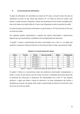 98
8. Caracterização dos informantes
O grupo de informantes foi constituído por alunos da 10ª classe, com pelo menos três anos de
frequência na escola, ou seja, alunos que fizeram a 8ª e 9ª classe na escola em estudo e que
durante o estudo estavam a frequentar o ultimo ano do primeiro ciclo do ensino secundário gera;
trata-se de alunos com idade média de 16 anos e que frequentam as aulas no período de manhã.
Fez parte do grupo de professores informantes os que lecionam a 10ª classe há mais de três anos
na escola em estudo.
Nos seguintes quadros, apresentamos o conjunto dos sujeitos entrevistados e especificamos
algumas das suas características, recolhidas na fase de legitimação das entrevistas:
O quadro 1 mostra a caracterização dos alunos entrevistados com a letra A e um digito que
especifica o numero de ordem da entrevista e uma letra que indica a turma a que pertence (Anβ).
Quadro 4: Caracterização dos alunos
Aluno Turma Classe Anos na escola Idade Designação
A1 A 10ª Classe 3 16 A1A
A2 I 10ª Classe 3 17 A2I
A3 G 10ª Classe 3 16 A3G
A4 B 10ª Classe 3 16 A4B
A5 D 10ª Classe 4 16 A5D
A6 C 10ª Classe 3 16 A6C
Anβ (A = aluno, n = numero de ordem da entrevista, β = turma)
O quadro 2 refere-se às características atuais dos professores entrevistados nomeadamente: a
turma e a classe em que leciona, anos de serviço na escola e a disciplina que leciona; desta feita
na descrição das entrevistas os professores são representados com a letra ‗P‘ que significa
professor, o digito que indica a ordem de entrevista e as letras subsequentes que indicas a
disciplina que leciona; este quadro inclui ainda a caracterização do diretor da escola (D) e anos
de serviço na escola em estudo.
 
