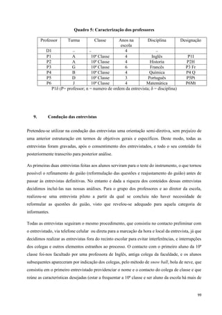 99
Quadro 5: Caracterização dos professores
Professor Turma Classe Anos na
escola
Disciplina Designação
D1 4
P1 A 10ª Classe 4 Inglês P1I
P2 A 10ª Classe 4 Historia P2H
P3 G 10ª Classe 6 Francês P3 Fr
P4 B 10ª Classe 4 Química P4 Q
P5 D 10ª Classe 3 Português P5Pt
P6 J 10ª Classe 4 Matemática P6Mt
P1δ (P= professor; n = numero de ordem da entrevista; δ = disciplina)
9. Condução das entrevistas
Pretendeu-se utilizar na condução das entrevistas uma orientação semi-diretiva, sem prejuízo de
uma anterior estruturação em termos de objetivos gerais e específicos. Deste modo, todas as
entrevistas foram gravadas, após o consentimento dos entrevistados, e todo o seu conteúdo foi
posteriormente transcrito para posterior análise.
As primeiras duas entrevistas feitas aos alunos serviram para o teste do instrumento, o que tornou
possível o refinamento do guião (reformulação das questões e reajustamento do guião) antes de
passar às entrevistas definitivas. No entanto e dada a riqueza dos conteúdos dessas entrevistas
decidimos incluí-las nas nossas análises. Para o grupo dos professores e ao diretor da escola,
realizou-se uma entrevista piloto a partir da qual se concluiu não haver necessidade de
reformular as questões do guião, visto que revelou-se adequado para aquela categoria de
informantes.
Todas as entrevistas seguiram o mesmo procedimento, que consistiu no contacto preliminar com
o entrevistado, via telefone celular ou direta para a marcação da hora e local da entrevista, já que
decidimos realizar as entrevistas fora do recinto escolar para evitar interferências, e interrupções
dos colegas e outros elementos estranhos ao processo. O contacto com o primeiro aluno da 10ª
classe foi-nos facultado por uma professora de Inglês, antiga colega da faculdade, e os alunos
subsequentes apareceram por indicação dos colegas, pelo método de snow ball, bola de neve, que
consistiu em o primeiro entrevistado providenciar o nome e o contacto do colega de classe e que
reúne as características desejadas (estar a frequentar a 10ª classe e ser aluno da escola há mais de
 