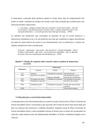 109
É interessante a perceção deste professor quanto às razões desse tipo de comportamento dos
alunos ao aludir a abolição de castigos nas escolas como fator principal que contribui para essa
forma de perceber a democracia:
(…) ora atrasa…porque [o aluno] sabe que o professor vai-me deixar entrar…mas não
vai-me punir, é esta democracia que eu estou a dizer, o próprio aluno hoje está a viver
num pais democrático…e ele acha que deve fazer tudo que ele deseja… (P5Pt)
As opiniões dos professores que convergem na perceção de que na escola pratica-se a
democracia contradizem com a de um professor que acha que manifesta-se algum autoritarismo
por parte do corpo diretivo da escola no seu relacionamento com os professores, e mesmo nas
relações interpessoais entre os professores:
Como tal… democracia…epa, eu não…não vejo não é?... há mais autoridade… não é?
O poder é direcionado…quer dizer vem da parte das autoridades…para os docentes
da escola. Entre nós os professores não há democracia… (P1I)
Quadro 7: Sinopse de respostas sobre conceito valores e prática de democracia
na escola
Professores
Democracia
Conceito Valores Práticas
P1I Eleições Liberdade de expressão Há autoritarismo
P2H direito de ir às eleições
Respeito, liberdade
Não há fronteira visível
entre alunos e professores
P3Fr Divergência de ideias Liberdade de expressão Há liberdade de expressão
P4Q liberdade de expressão ___________________
_
Há direito de reclamar
P5Pt liberdade de ação Liberdade de expressão Alunos não fazem tarefas
escolares
P6Mt ______ ______ Não existem castigos
2. Educação para a convivência democrática
A educação para convivência democrática no contexto escolar está prevista no Plano Curricular do
Ensino Secundário Geral e recomenda-se que seja feita sob a forma de temas transversais dado que
pela sua natureza não pertencem a nenhuma disciplina. Segundo consta do Plano Curricular do
Ensino Secundário Geral, a transversalidade consiste na forma como os temas são incorporados no
currículo e pela maneira como são didaticamente abordados, de forma a estabelecer ligação com a
vida real.
 