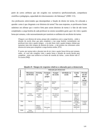 119
partir de certos atributos que são exigidos nos normativos (profissionalizado, competência
científica e pedagógica, capacidade de relacionamento e de liderança)‖ (2000: 113).
Aos professores entrevistados que desempenham a função de diretor de turma, foi colocada a
questão: como é que chegaram a ser diretores de turma? Nas suas respostas, os professores foram
unânimes em afirmar que o motivo forte para serem diretores de turma é o fato de não terem
completados a carga horária de cada professor no ensino secundário geral, que é de vinte e quatro
horas por semana, e não necessariamente por reunirem os atributos de um diretor de turma:
Cheguei a ser diretora de turma, porque não completava com a carga horária…então a
direção da escola disse que para completar a sua carga horária, normalmente um
professor tem vinte e quatro tempos…e eu não fazia vinte e quatro tempos, tinham que
aumentar mais dois tempos de diretora de turma…e dai prontos me colocaram como
diretora de turma para completar a carga horária minha. (P1I)
É assim, por norma todo o docente tem de ter vinte e quatro horas letivas por semana,
então…se você não completa vinte e quatro horas a direção da escola decide para
completar…neste caso atribui-se as horas de reunião de turma…como diretor não é?
Foi assim (P4Q)
Quadro 8 : Sinopse de respostas relativas a educação para a democracia
Professores
Educação para democracia
Directrizes
do PCESG
Estratég
ias
Formaçã
o de
grupos
O papel
da escola
Atividades na
escola
Gestão
de
conflitos
Provime
nto do
diretor
de
turma
P1I Só em
seminários
Perguntas,
Jogos
Simulações
, Dialogo
Aleatória Questão
difícil ______
Mediação
Decisão
Completar
a carga
horária
P2H Perguntas e
Exemplos
reais
Lista da
turma
Via Educação
Cívica
Limpeza
_______
P3Fr Temas
transversais
Exemplos
reais
Perguntas
_____
Por meio de
controle dos
alunos
Apelos em
reuniões
para os
alunos a
disciplina
P4Q Não sei
______
Concertações diárias Dialogo
aconselham
ento
Completar
a carga
horária
P5Pt Debates,
trabalhos
em grupos
Heterogéne
a
Recurso ao
regulament
o
P6Mt Temas
transversais
 