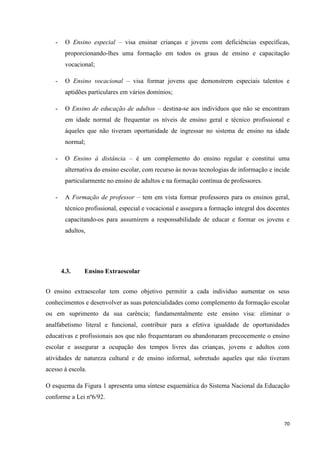 70
- O Ensino especial – visa ensinar crianças e jovens com deficiências específicas,
proporcionando-lhes uma formação em todos os graus de ensino e capacitação
vocacional;
- O Ensino vocacional – visa formar jovens que demonstrem especiais talentos e
aptidões particulares em vários domínios;
- O Ensino de educação de adultos – destina-se aos indivíduos que não se encontram
em idade normal de frequentar os níveis de ensino geral e técnico profissional e
àqueles que não tiveram oportunidade de ingressar no sistema de ensino na idade
normal;
- O Ensino à distância – é um complemento do ensino regular e constitui uma
alternativa do ensino escolar, com recurso às novas tecnologias de informação e incide
particularmente no ensino de adultos e na formação contínua de professores.
- A Formação de professor – tem em vista formar professores para os ensinos geral,
técnico profissional, especial e vocacional e assegura a formação integral dos docentes
capacitando-os para assumirem a responsabilidade de educar e formar os jovens e
adultos,
4.3. Ensino Extraescolar
O ensino extraescolar tem como objetivo permitir a cada individuo aumentar os seus
conhecimentos e desenvolver as suas potencialidades como complemento da formação escolar
ou em suprimento da sua carência; fundamentalmente este ensino visa: eliminar o
analfabetismo literal e funcional, contribuir para a efetiva igualdade de oportunidades
educativas e profissionais aos que não frequentaram ou abandonaram precocemente o ensino
escolar e assegurar a ocupação dos tempos livres das crianças, jovens e adultos com
atividades de natureza cultural e de ensino informal, sobretudo aqueles que não tiveram
acesso à escola.
O esquema da Figura 1 apresenta uma síntese esquemática do Sistema Nacional da Educação
conforme a Lei nº6/92.
 