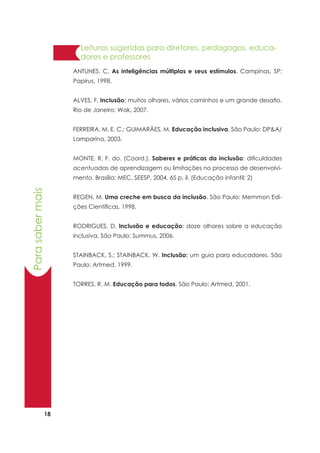 18
Parasabermais
ANTUNES. C. As inteligências múltiplas e seus estímulos. Campinas, SP:
Papirus, 1998.
ALVES, F. Inclusão: muitos olhares, vários caminhos e um grande desafio.
Rio de Janeiro: Wak, 2007.
FERREIRA, M. E. C.; GUIMARÃES, M. Educação inclusiva. São Paulo: DPA/
Lamparina, 2003.
MONTE, R. F. do. (Coord.). Saberes e práticas da inclusão: dificuldades
acentuadas de aprendizagem ou limitações no processo de desenvolvi-
mento. Brasília: MEC, SEESP, 2004. 65 p, il. (Educação infantil; 2)
REGEN, M. Uma creche em busca da inclusão. São Paulo: Memmon Edi-
ções Científicas, 1998.
RODRIGUES, D. Inclusão e educação: doze olhares sobre a educação
inclusiva. São Paulo: Summus, 2006.
STAINBACK, S.; STAINBACK, W. Inclusão: um guia para educadores. São
Paulo: Artmed, 1999.
TORRES, R. M. Educação para todos. São Paulo: Artmed, 2001.
Leituras sugeridas para diretores, pedagogos, educa-
dores e professores
 