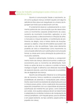 53
	 Quanto à comunicação: Desde o nascimento, as-
sim como qualquer criança, também aquela com alguma
deficiência física deve ser mergulhada no universo da lin-
guagem por todos que se relacionam com ela.
	 É fundamental observar cuidadosamente os movi-
mentos potenciais de comunicação que ela desenvolve,
como os movimentos corporais (enrijecimento do corpo,
aumento de movimento involuntário, agitação), os sons
vocais que produz, o direcionamento e a fixação do olhar,
o manuseio e o toque de objetos, a manifestação de sen-
timentos de alegria, raiva e tristeza diante de situações,
pessoas ou objetos, o tipo de brincadeiras que pode e de
que gosta ou não de participar. Todos esses elementos
poderão ser vistos e interpretados como importantes na
comunicação alternativa em substituição à comunicação
formal, ou ainda servir como otimização do potencial co-
municativo existente.
	 Quanto à alimentação: Conforme o comprometi-
mento motor da criança, deve-se encontrar o melhor po-
sicionamento para os momentos de alimentação, facili-
tando as ações de levar ou colocar a comida na boca,
mastigar e engolir. O alimento a ser oferecido necessitará
de especial atenção, para ficar adequado às possibilida-
des de deglutição da criança.
	 Quanto aos brinquedos: Observar se os brinquedos
são de tamanho, forma e resistência compatíveis com a
possibilidade de preensão e manipulação pela criança.
Muitas vezes haverá necessidade de adaptação para que
a criança possa usá-los, como a aplicação de puxadores
especiais compatíveis com sua capacidade de preensão
(substituição de material fino por grosso, como barbante
por corda). Já os quebra-cabeças devem ser desenhados
e adaptados às condições motoras e de manipulação da
criança (ampliados, com traçado grosso, poucos detalhes
e em papel resistente, do tipo cartolina, papel-cartão ou
papelão de caixas).
Orientaçõesparaotrabalhoeducativo
Dicas de trabalho pedagógico para crianças com
deficiência física
 