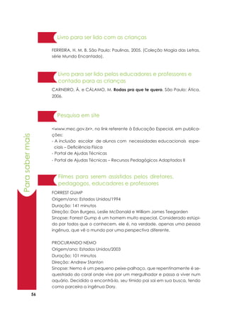 56
Parasabermais
Livro para ser lido com as crianças
Pesquisa em site
FERREIRA, H. M. B. São Paulo: Paulinas, 2005. (Coleção Magia das Letras,
série Mundo Encantado).
www.mec.gov.br, no link referente à Educação Especial, em publica-
ções:
- A inclusão escolar de alunos com necessidades educacionais espe-
ciais – Deficiência Física
- Portal de Ajudas Técnicas
- Portal de Ajudas Técnicas – Recursos Pedagógicos Adaptados II
FORREST GUMP
Origem/ano: Estados Unidos/1994
Duração: 141 minutos
Direção: Don Burgess, Leslie McDonald e William James Teegarden
Sinopse: Forrest Gump é um homem muito especial. Considerado estúpi-
do por todos que o conhecem, ele é, na verdade, apenas uma pessoa
ingênua, que vê o mundo por uma perspectiva diferente.
PROCURANDO NEMO
Origem/ano: Estados Unidos/2003
Duração: 101 minutos
Direção: Andrew Stanton
Sinopse: Nemo é um pequeno peixe-palhaço, que repentinamente é se-
questrado do coral onde vive por um mergulhador e passa a viver num
aquário. Decidido a encontrá-lo, seu tímido pai sai em sua busca, tendo
como parceira a ingênua Dory.
Filmes para serem assistidos pelos diretores,
pedagogos, educadores e professores
Livro para ser lido pelos educadores e professores e
contado para as crianças
CARNEIRO, Â. e CÁLAMO, M. Rodas pra que te quero. São Paulo: Ática,
2006.
 