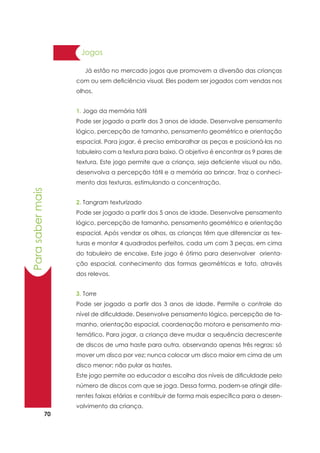 70
Parasabermais
Já estão no mercado jogos que promovem a diversão das crianças
com ou sem deficiência visual. Eles podem ser jogados com vendas nos
olhos.
1. Jogo da memória tátil
Pode ser jogado a partir dos 3 anos de idade. Desenvolve pensamento
lógico, percepção de tamanho, pensamento geométrico e orientação
espacial. Para jogar, é preciso embaralhar as peças e posicioná-las no
tabuleiro com a textura para baixo. O objetivo é encontrar os 9 pares de
textura. Este jogo permite que a criança, seja deficiente visual ou não,
desenvolva a percepção tátil e a memória ao brincar. Traz o conheci-
mento das texturas, estimulando a concentração.
2. Tangram texturizado
Pode ser jogado a partir dos 5 anos de idade. Desenvolve pensamento
lógico, percepção de tamanho, pensamento geométrico e orientação
espacial. Após vendar os olhos, as crianças têm que diferenciar as tex-
turas e montar 4 quadrados perfeitos, cada um com 3 peças, em cima
do tabuleiro de encaixe. Este jogo é ótimo para desenvolver orienta-
ção espacial, conhecimento das formas geométricas e tato, através
dos relevos.
3. Torre
Pode ser jogado a partir dos 3 anos de idade. Permite o controle do
nível de dificuldade. Desenvolve pensamento lógico, percepção de ta-
manho, orientação espacial, coordenação motora e pensamento ma-
temático. Para jogar, a criança deve mudar a sequência decrescente
de discos de uma haste para outra, observando apenas três regras: só
mover um disco por vez; nunca colocar um disco maior em cima de um
disco menor; não pular as hastes.
Este jogo permite ao educador a escolha dos níveis de dificuldade pelo
número de discos com que se joga. Dessa forma, podem-se atingir dife-
rentes faixas etárias e contribuir de forma mais específica para o desen-
volvimento da criança.
Jogos
 