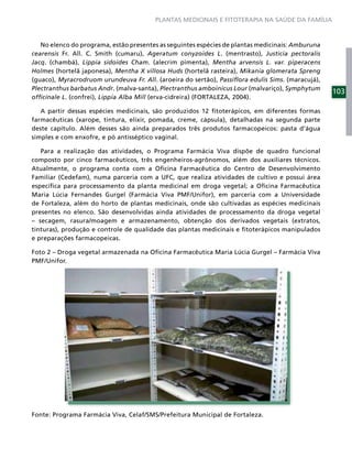 PLANTAS MEDICINAIS E FITOTERAPIA NA SAÚDE DA FAMÍLIA



   No elenco do programa, estão presentes as seguintes espécies de plantas medicinais: Amburuna
cearensis Fr. All. C. Smith (cumaru), Ageratum conyzoides L. (mentrasto), Justicia pectoralis
Jacq. (chambá), Lippia sidoides Cham. (alecrim pimenta), Mentha arvensis L. var. piperacens
Holmes (hortelã japonesa), Mentha X villosa Huds (hortelã rasteira), Mikania glomerata Spreng
(guaco), Myracrodruom urundeuva Fr. All. (aroeira do sertão), Passiﬂora edulis Sims. (maracujá),
Plectranthus barbatus Andr. (malva-santa), Plectranthus amboinicus Lour (malvariço), Symphytum
                                                                                                   103
ofﬁcinale L. (confrei), Lippia Alba Mill (erva-cidreira) (FORTALEZA, 2004).

   A partir dessas espécies medicinais, são produzidos 12 ﬁtoterápicos, em diferentes formas
farmacêuticas (xarope, tintura, elixir, pomada, creme, cápsula), detalhadas na segunda parte
deste capítulo. Além desses são ainda preparados três produtos farmacopeicos: pasta d’água
simples e com enxofre, e pó antisséptico vaginal.

   Para a realização das atividades, o Programa Farmácia Viva dispõe de quadro funcional
composto por cinco farmacêuticos, três engenheiros-agrônomos, além dos auxiliares técnicos.
Atualmente, o programa conta com a Oﬁcina Farmacêutica do Centro de Desenvolvimento
Familiar (Cedefam), numa parceria com a UFC, que realiza atividades de cultivo e possui área
especíﬁca para processamento da planta medicinal em droga vegetal; a Oﬁcina Farmacêutica
Maria Lúcia Fernandes Gurgel (Farmácia Viva PMF/Unifor), em parceria com a Universidade
de Fortaleza, além do horto de plantas medicinais, onde são cultivadas as espécies medicinais
presentes no elenco. São desenvolvidas ainda atividades de processamento da droga vegetal
– secagem, rasura/moagem e armazenamento, obtenção dos derivados vegetais (extratos,
tinturas), produção e controle de qualidade das plantas medicinais e ﬁtoterápicos manipulados
e preparações farmacopeicas.

Foto 2 – Droga vegetal armazenada na Oﬁcina Farmacêutica Maria Lúcia Gurgel – Farmácia Viva
PMF/Unifor.




Fonte: Programa Farmácia Viva, Celaf/SMS/Prefeitura Municipal de Fortaleza.
 