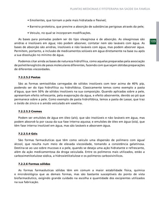 PLANTAS MEDICINAIS E FITOTERAPIA NA SAÚDE DA FAMÍLIA




   As bases para pomadas podem ser do tipo oleaginosa e de absorção. As oleaginosas são
                                                                                                   109
anidras e insolúveis em água; não podem absorver, contatar nem são laváveis com água. As
bases de absorção são anidras, insolúveis e não laváveis com água, mas podem absorver água.
Permitem, portanto, a inclusão de medicamentos solúveis em água diretamente na base ou após
a sua dissolução no mínimo de água.

   Podemos citar ainda as bases de natureza hidrofílica, como aquelas preparadas pela associação
de polietilenoglicóis de pesos moleculares diferentes, fazendo com que sejam obtidas preparações
de diferentes viscosidades.

  7.2.2.5.2 Pastas

   São as formas semissólidas carregadas de sólidos insolúveis com teor acima de 40% p/p,
podendo ser do tipo hidrofílica ou hidrofóbica. Classicamente temos como exemplo a pasta
d’água, que tem 50% de sólidos insolúveis na sua composição. Quando aplicadas sobre a pele,
apresentam efeito refrescante, pela evaporação da água, e efeito absorvente, devido ao pó que
permanece sobre a pele. Como exemplo de pasta hidrofóbica, temos a pasta de Lassar, que traz
o óxido de zinco e o amido veiculado em vaselina.

  7.2.2.5.3 Cremes

  Podem ser emulsões de água em óleo (a/o), que são insolúveis e não laváveis em água, mas
podem absorvê-la por causa da sua fase interna aquosa; e emulsões de óleo em água (o/a), que
têm fase interna insolúvel em água, mas são laváveis e absorvem água.

  7.2.2.5.4 Géis

   São formas farmacêuticas que têm como veículo uma dispersão de polímero com água/
álcool, que resulta num meio de elevada viscosidade, tomando a consistência gelatinosa.
Destina-se ao uso sobre mucosas e a pele, quando se deseja uma ação hidratante e refrescante,
além da ação medicamentosa da droga veiculada. Entre os polímeros mais utilizados, estão a
carboximetilcelulose sódica, a hidroxietilcelulose e os polímeros carboxivinílicos.

  7.2.2.6 Formas sólidas

   As formas farmacêuticas sólidas têm em comum a maior estabilidade física, química
e microbiológica que as demais formas, mas são bastante susceptíveis do ponto de vista
biofarmacêutico, exigindo grande cuidado na escolha e quantidade dos excipientes utilizados
na sua fabricação.
 