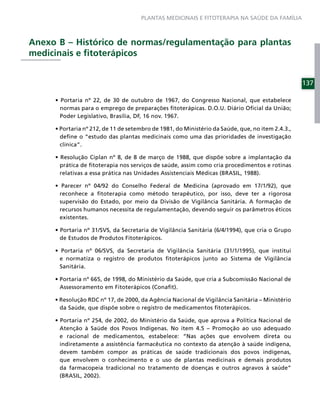 PLANTAS MEDICINAIS E FITOTERAPIA NA SAÚDE DA FAMÍLIA



Anexo B – Histórico de normas/regulamentação para plantas
medicinais e ﬁtoterápicos


                                                                                             137


      normas para o emprego de preparações ﬁtoterápicas. D.O.U. Diário Oﬁcial da União;
      Poder Legislativo, Brasília, DF, 16 nov. 1967.


      deﬁne o “estudo das plantas medicinais como uma das prioridades de investigação
      clínica”.


      prática de ﬁtoterapia nos serviços de saúde, assim como cria procedimentos e rotinas
      relativas a essa prática nas Unidades Assistenciais Médicas (BRASIL, 1988).


      reconhece a ﬁtoterapia como método terapêutico, por isso, deve ter a rigorosa
      supervisão do Estado, por meio da Divisão de Vigilância Sanitária. A formação de
      recursos humanos necessita de regulamentação, devendo seguir os parâmetros éticos
      existentes.


      de Estudos de Produtos Fitoterápicos.


      e normatiza o registro de produtos ﬁtoterápicos junto ao Sistema de Vigilância
      Sanitária.


      Assessoramento em Fitoterápicos (Conaﬁt).


      da Saúde, que dispõe sobre o registro de medicamentos ﬁtoterápicos.


      Atenção à Saúde dos Povos Indígenas. No item 4.5 – Promoção ao uso adequado
      e racional de medicamentos, estabelece: “Nas ações que envolvem direta ou
      indiretamente a assistência farmacêutica no contexto da atenção à saúde indígena,
      devem também compor as práticas de saúde tradicionais dos povos indígenas,
      que envolvem o conhecimento e o uso de plantas medicinais e demais produtos
      da farmacopeia tradicional no tratamento de doenças e outros agravos à saúde”
      (BRASIL, 2002).
 
