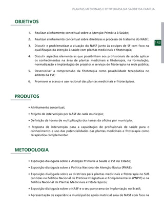 PLANTAS MEDICINAIS E FITOTERAPIA NA SAÚDE DA FAMÍLIA



OBJETIVOS

     1.   Realizar alinhamento conceitual sobre a Atenção Primária à Saúde;

     2.   Realizar alinhamento conceitual sobre diretrizes e processo de trabalho do NASF;
                                                                                             143
     3.   Discutir e problematizar a atuação do NASF junto às equipes de SF com foco na
          qualiﬁcação da atenção à saúde com plantas medicinais e ﬁtoterapia;

     4.   Discutir aspectos elementares que possibilitem aos proﬁssionais de saúde aplicar
          os conhecimentos na área de plantas medicinais e ﬁtoterapia, na formulação,
          normatização e implantação de projetos e serviços de ﬁtoterapia na rede pública;

     5.   Desenvolver a compreensão da ﬁtoterapia como possibilidade terapêutica no
          âmbito da ESF;

     6.   Promover o acesso e uso racional das plantas medicinais e ﬁtoterápicos.




PRODUTOS




      conhecimento e uso das potencialidades das plantas medicinais e ﬁtoterapia como
      terapêutica complementar.




METODOLOGIA




      contidas na Política Nacional de Práticas Integrativas e Complementares (PNPIC) e na
      Política Nacional de Plantas Medicinais e Fitoterápicos;
 