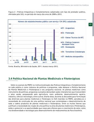 PLANTAS MEDICINAIS E FITOTERAPIA NA SAÚDE DA FAMÍLIA



Figura 2 – Práticas Integrativas e Complementares cadastradas com tipo de prestador público,
ofertadas pelo SUS, no período de março dos anos de 2008 a 2012.




                                                                                                     43




Fonte: Brasília, Ministério da Saúde, 2011. Acesso março 2012.




3.4 Política Nacional de Plantas Medicinais e Fitoterápicos

   Sobre os avanços da PNPIC na institucionalização das Práticas Integrativas e Complementares
na rede pública e como indutora de políticas e programas, cabe destacar a Política Nacional
de Plantas Medicinais e Fitoterápicos e seu programa nacional. As plantas medicinais como
instrumento de políticas, programas e projetos demandam ações intersetoriais que transcendem
o setor saúde, perpassando pela agricultura, meio ambiente, desenvolvimento agrário,
indústria, ciência e tecnologia, entre outras. Diante disso, durante as discussões para formulação
das diretrizes para plantas medicinais e ﬁtoterapia no SUS inseridas na PNPIC, percebeu-se a
necessidade de construção de uma política nacional que contemplasse o desenvolvimento de
toda a cadeia produtiva de plantas medicinais e ﬁtoterápicos. Entre os muitos fatores que
justiﬁcam a necessidade da criação de uma política na área de plantas medicinais e ﬁtoterápicos,
estão o potencial e as oportunidades que nosso país oferece para o crescimento do setor, como
rica biodiversidade e tecnologia para desenvolvimento de medicamentos da ﬂora brasileira.
 
