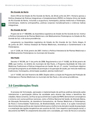 Ministério da Saúde | Secretaria de Atenção a Saúde | Departamento de Atenção Básica



            Rio Grande do Norte

            Diário Oﬁcial do Estado do Rio Grande do Norte, de 28 de junho de 2011. Portaria aprova a
         Política Estadual de Práticas Integrativas e Complementares (PEPIC) no Sistema Único de Saúde
         do Rio Grande do Norte, incluindo a acupuntura, homeopatia, plantas medicinais e ﬁtoterapia,
         crenoterapia, medicina antroposóﬁca, práticas corporais transdisciplinares e vivências lúdicas
48       integrativas.

            Rio Grande do Sul

            Projeto de lei nº 108/2006, da Assembleia Legislativa do Estado do Rio Grande do Sul. Institui
         a Política Intersetorial de Plantas Medicinais e de Medicamentos Fitoterápicos no Estado do Rio
         Grande do Sul, e dá outras providências.

            Lançamento na Assembleia Legislativa do Estado do Rio Grande do Sul. Porto Alegre, 8
         de junho de 2011. Política Estadual de Plantas Medicinais, Aromáticas e Condimentares e de
         Fitoterápicos.

            Lei nº 2.636, de 10 de janeiro de 2007. Institui a Política Intersetorial de Plantas Medicinais e
         de Medicamentos Fitoterápicos no município de Gravataí.

            São Paulo

            Decreto nº 49.596, de 11 de junho de 2008. Regulamenta a Lei nº 14.682, de 30 de janeiro de
         2008, que institui, no âmbito do município de São Paulo, o Programa Qualidade de Vida com
         Medicinas Tradicionais e Práticas Integrativas em Saúde. No art. 2º, consta “constituem objetivo
         principal do programa as atividades de promoção e recuperação de saúde, por meio de medicinas
         tradicionais, homeopatia, alimentação saudável, plantas medicinais”.

            Lei nº 14.903, de 6 de fevereiro de 2009. Dispõe sobre a criação do Programa de Produção de
         Fitoterápicos e Plantas Medicinais no município de São Paulo, e dá outras providências.




         3.6 Considerações ﬁnais

            O processo de formulação, aprovação e implementação de políticas públicas demanda ações
         intersetoriais e participação efetiva da sociedade para alcance das metas e benefícios dos
         cidadãos. Nesse consenso, veriﬁca-se que as diretrizes e ações da PNPIC demonstram convergência
         e sintonia com outras políticas nacionais, como a Política Nacional de Saúde, de Atenção Básica,
         de Educação Permanente, de Assistência Farmacêutica, de Plantas Medicinais e Fitoterápicos,
         de Povos e Comunidades Tradicionais, de Biodiversidade, entre outras. E as ações transversais
         decorrentes dessas políticas são imprescindíveis para a melhoria da atenção à saúde da população
         e a ampliação das opções terapêuticas aos usuários do SUS. Com respeito à participação social, o
         documento da PNPIC foi amplamente discutido com a sociedade, por meio de fóruns e consultas
 