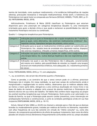 PLANTAS MEDICINAIS E FITOTERAPIA NA SAÚDE DA FAMÍLIA



isentos de toxicidade, como qualquer medicamento, e há evidências bibliográﬁcas de reações
adversas, precauções necessárias e interações medicamentosas. Ainda assim, a tolerância aos
ﬁtoterápicos é em geral maior se comparada aos fármacos (SCHULZ; HÄNSEL; TYLER, 2001, p. 21-
26; FINTELMANN; WEISS, 2010).

   Adicionalmente, Fintelmann & Weiss (2010) classiﬁcam os ﬁtoterápicos que estariam
disponíveis para uma prescrição em categorias terapêuticas (Quadro 1), uma interessante             59
orientação para guiar a decisão clínica e que ajuda a esclarecer as possibilidades (ou não) de
tratamento ﬁtoterápico exclusivo ou combinado.

Quadro 1 – Categorias terapêuticas para ﬁtoterápicos.

Categoria 1    Indicações para as quais os ﬁtoterápicos são a opção terapêutica de 1ª escolha e,
               para as quais, como alternativa, não existiriam medicamentos sintéticos*. Exs.:
               hepatites tóxicas, hiperplasia benigna de próstata, entre outros.
Categoria 2    Indicações para as quais os medicamentos sintéticos podem ser substituídos por
               ﬁtoterápicos. Exs.: estados leves de ansiedade e/ou depressão reativa, dispepsia
               não ulcerosa neoplásica, infecções urinárias inespecíﬁcas, entre outros.
Categoria 3    Indicações nas quais os ﬁtoterápicos podem ser usados como coadjuvantes para
               uma terapia básica. Exs.: outras doenças hepáticas e das vias respiratórias, entre
               outras.
Categoria 4    Indicações nas quais o uso dos ﬁtoterápicos não é adequado, caracterizando
               até mesmo erro médico, pela possibilidade de retardar ou impedir uma terapia
               racional com medicamentos sintéticos, mais adequados. Ex.: tratamento primário
               do câncer.

Fonte: FINTELMANN; WEISS, 2010, p. 17, com adaptações.

*... ou, se existirem, não seriam tão eﬁcientes quanto o ﬁtoterápico.

   Como se percebe, e ao contrário do que o senso comum pode vir a aﬁrmar, prescrever
ﬁtoterapia não é simples. Em nossa realidade, na qual esse campo do conhecimento ainda é
marginalizado e negligenciado no ensino médico, observamos que os médicos adeptos dela,
ao menos a maior parte deles, obrigam-se a uma contínua atualização em novos livros e nas
bases de dados de maneira a adaptar certo arsenal de plantas medicinais e ﬁtoterápicos de
domínio técnico em sua rotina de trabalho. Tal hábito lhes confere maior segurança ao propor
(ou aceitar) escolhas terapêuticas que incluam ﬁtoterápicos. Outro ponto a ser valorizado é na
Saúde da Família, na qual a ﬁtoterapia pode assumir caráter preventivo, como intervenção em
predisposições familiares e constitucionais, e junto às condições patológicas ainda em sua fase
incipiente (FINTELMANN; WEISS, 2010, p. 10-11).

   Schulz, Hänsel & Tyler (2002, p. 24-25) nos chamam a atenção para o fato de que as doenças
brandas ou moderadamente graves, tratadas por médicos de Família na Alemanha, respondem
com altas frequências de cura tão somente em virtude do “efeito consulta” ou, como eles
chamam, do componente psicodinâmico do efeito de qualquer tratamento, bem como do efeito
placebo em ensaios clínicos (fenômenos frequentemente confundidos entre si), campo estudado
 