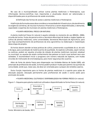 PLANTAS MEDICINAIS E FITOTERAPIA NA SAÚDE DA FAMÍLIA



   No caso de o município/Estado utilizar outras plantas medicinais e ﬁtoterápicos, suas
informações técnico-cientíﬁcas mais importantes e atualizadas devem ser selecionadas e
disponibilizadas para os proﬁssionais de saúde envolvidos.

         d) Deﬁnição das formas de acesso a plantas medicinais e ﬁtoterápicos

   A deﬁnição da forma de acesso deve considerar a necessidade de infraestrutura, de atendimento    79
às exigências sanitárias, de recursos humanos e ﬁnanceiros a serem disponibilizados, à demanda,
capacidade e expertise do município em plantas medicinais e ﬁtoterápicos.



   A planta medicinal fresca (in natura) é aquela coletada no momento de uso (BRASIL, 2006),
oriunda de hortos, frutos de parceria entre a Secretaria Municipal de Saúde e órgãos ligados ao
cultivo de plantas medicinais, como universidades, Secretarias Municipais de Agricultura, para
que haja acompanhamento de proﬁssionais da área agronômica na elaboração e implantação
dessa etapa do projeto.

   Os hortos devem atender às boas práticas de cultivo, preservando a qualidade do ar, do solo
e da água, para a produção de matéria-prima de qualidade. As espécies cultivadas, sejam nativas
ou exóticas, podem ser aquelas oriundas da relação de plantas medicinais nacional, estadual
ou municipal, ou aquelas de amplo conhecimento das pessoas no local e que tenham seus usos
validados. É recomendável iniciar o programa com número reduzido de espécies, com mudas
oriundas de instituições de ensino/pesquisa, para maior segurança dos usuários.

   Além de fonte de planta fresca para dispensação nas Unidades Básicas de Saúde (UBS), sob
prescrição de proﬁssionais de saúde, os hortos podem produzir mudas para plantio nos quintais da
comunidade, sendo que, nesse caso, ela deve ser orientada para o preparo de remédios caseiros.

   Outra função importante para os hortos de plantas medicinais é o suporte para ações de
educação popular, educação permanente para proﬁssionais de saúde e outras ações para
promoção da saúde.



Figura 1 – Esquema para planta medicinal cultivada e disponibilizada na forma fresca (in natura).




Fonte: Ministério da Saúde, 2011.
 