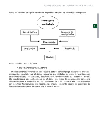 PLANTAS MEDICINAIS E FITOTERAPIA NA SAÚDE DA FAMÍLIA



Figura 3 – Esquema para planta medicinal dispensada na forma de ﬁtoterápico manipulado.




                                                                                             81




Fonte: Ministério da Saúde, 2011.



   Os medicamentos ﬁtoterápicos são “aqueles obtidos com emprego exclusivo de matérias-
primas ativas vegetais, cuja eﬁcácia e segurança são validadas por meio de levantamentos
etnofarmacológicos, de utilização, documentações tecnocientíﬁcas ou evidências clínicas.
São caracterizados pelo conhecimento da eﬁcácia e dos riscos de seu uso, assim como pela
reprodutibilidade e constância de sua qualidade” (RDC nº 14/2010). Eles são produzidos
por indústrias farmacêuticas e/ou laboratórios oﬁciais e somente podem ser adquiridos de
fornecedores qualiﬁcados, de acordo com as normas do SUS.
 