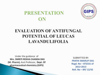 EVALUATION OF ANTIFUNGAL
POTENTIAL OF LEUCAS
LAVANDULIFOLIA
SUBMITTED BY:
PRATIK SWARUP DAS
Regd. No – 072331 of
2012-2013
Roll. No – BP/ 12/42
Under the guidance of
Mrs. SMRITI REKHA CHANDA DAS
(M. Pharm), Asst.Professor, Dept. Of
pharmaceutical chemistry (GIPS)
 
