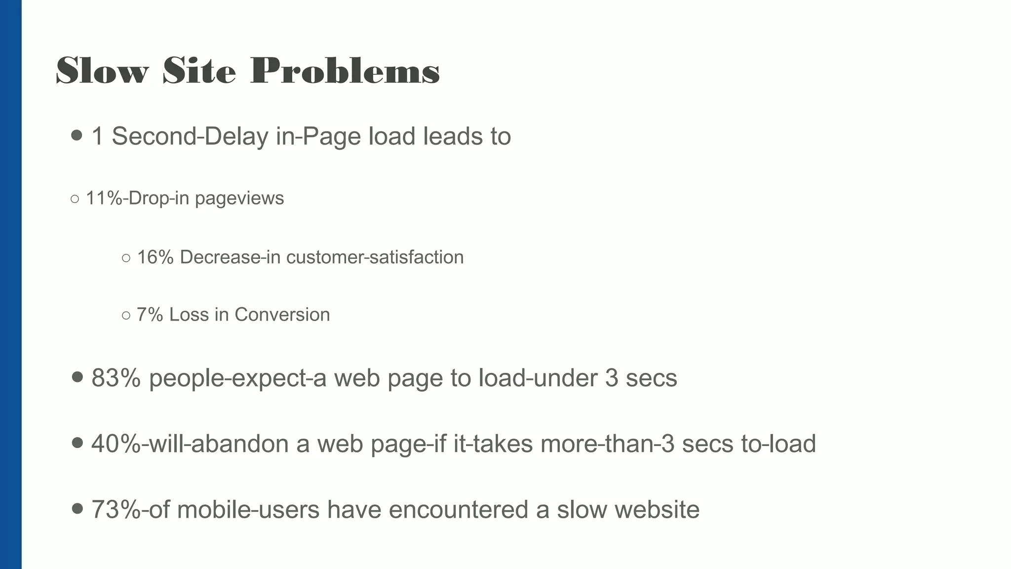 Slow Site Problems
● 1 Second Delay in Page load leads to
○ 11% Drop in pageviews
○ 16% Decrease in customer satisfaction
○ 7% Loss in Conversion
● 83% people expect a web page to load under 3 secs
● 40% will abandon a web page if it takes more than 3 secs to load
● 73% of mobile users have encountered a slow website
 